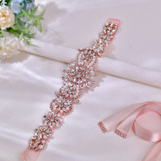 BS445RG-Retro Pink rose gold rhinestone pearl belt