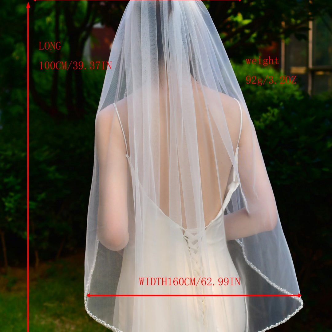 BRIDELLA BV156 1 Piece Hand Beaded Single Layer Fingertip Length Bridal Veil Suitable For Weddings Wedding Photos With Hair Comb