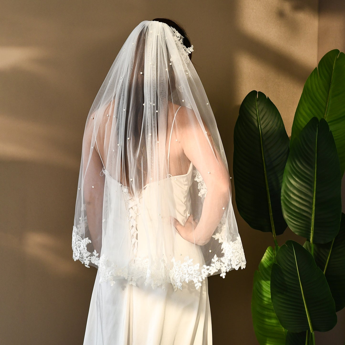 BRIDELLA BV82 Elegant Lace Beaded Veil Single Layer With Comb Bridal Wedding Hair Accessories