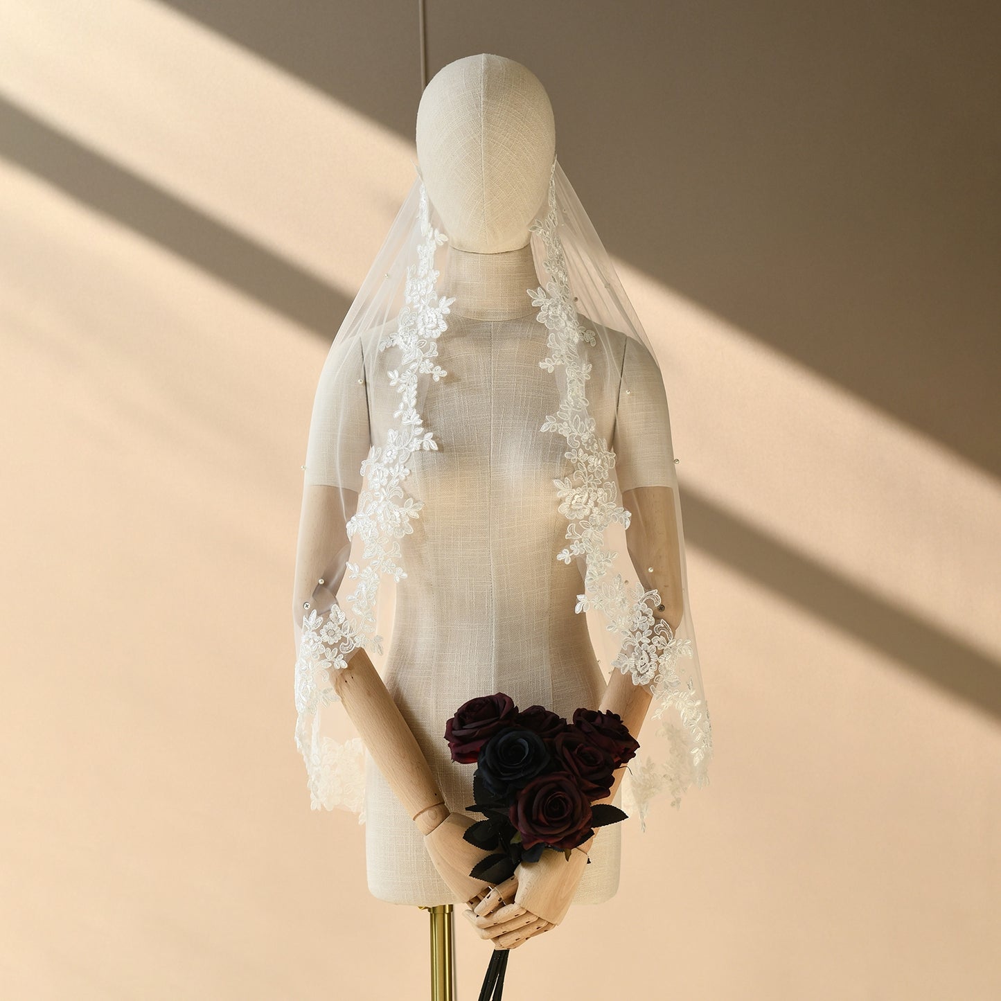 BRIDELLA BV82 Elegant Lace Beaded Veil Single Layer With Comb Bridal Wedding Hair Accessories