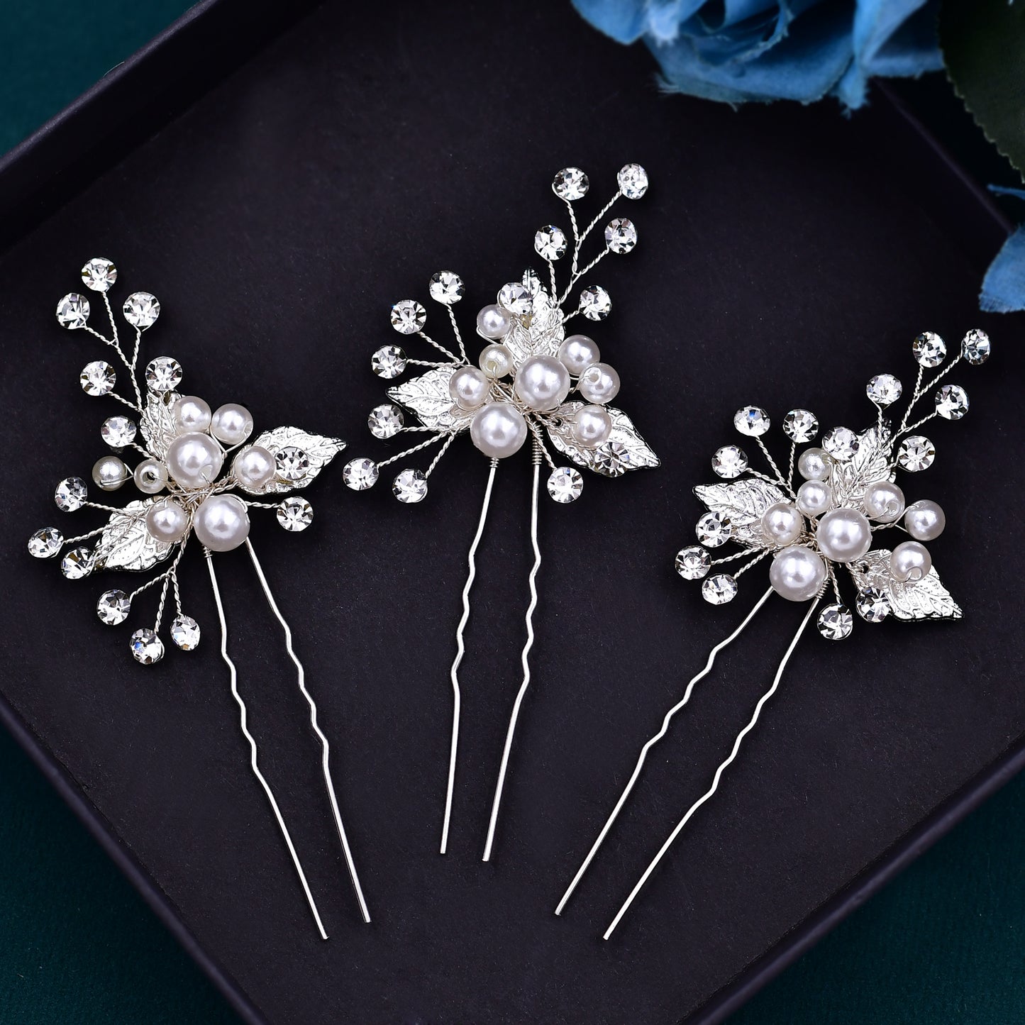 BRIDELLA BHP133 Silver Bridal Hairpin and Fork Set with Three Pearls and rhinestones Handmade Bridal Hair Accessories