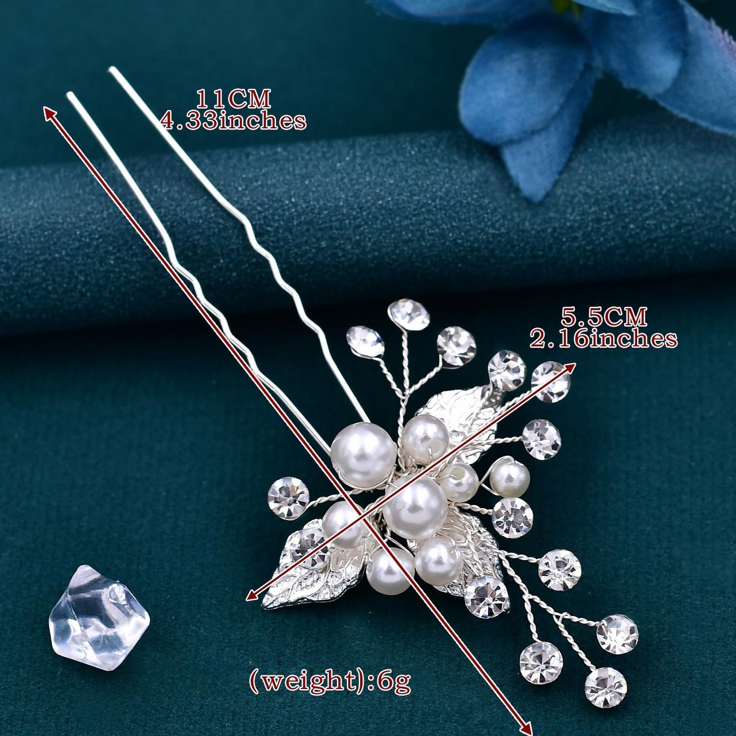 BRIDELLA BHP133 Silver Bridal Hairpin and Fork Set with Three Pearls and rhinestones Handmade Bridal Hair Accessories