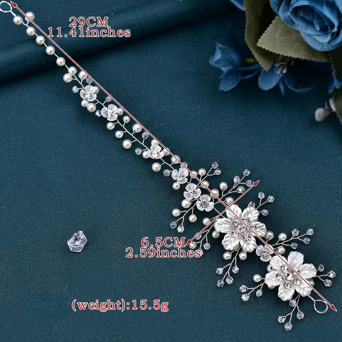 BRIDELLA BHP295 Silver Resin Flower Bridal Hair Accessories Handmade Braided Hair Strap with Pearl Water Diamond Wedding Hair Accessories