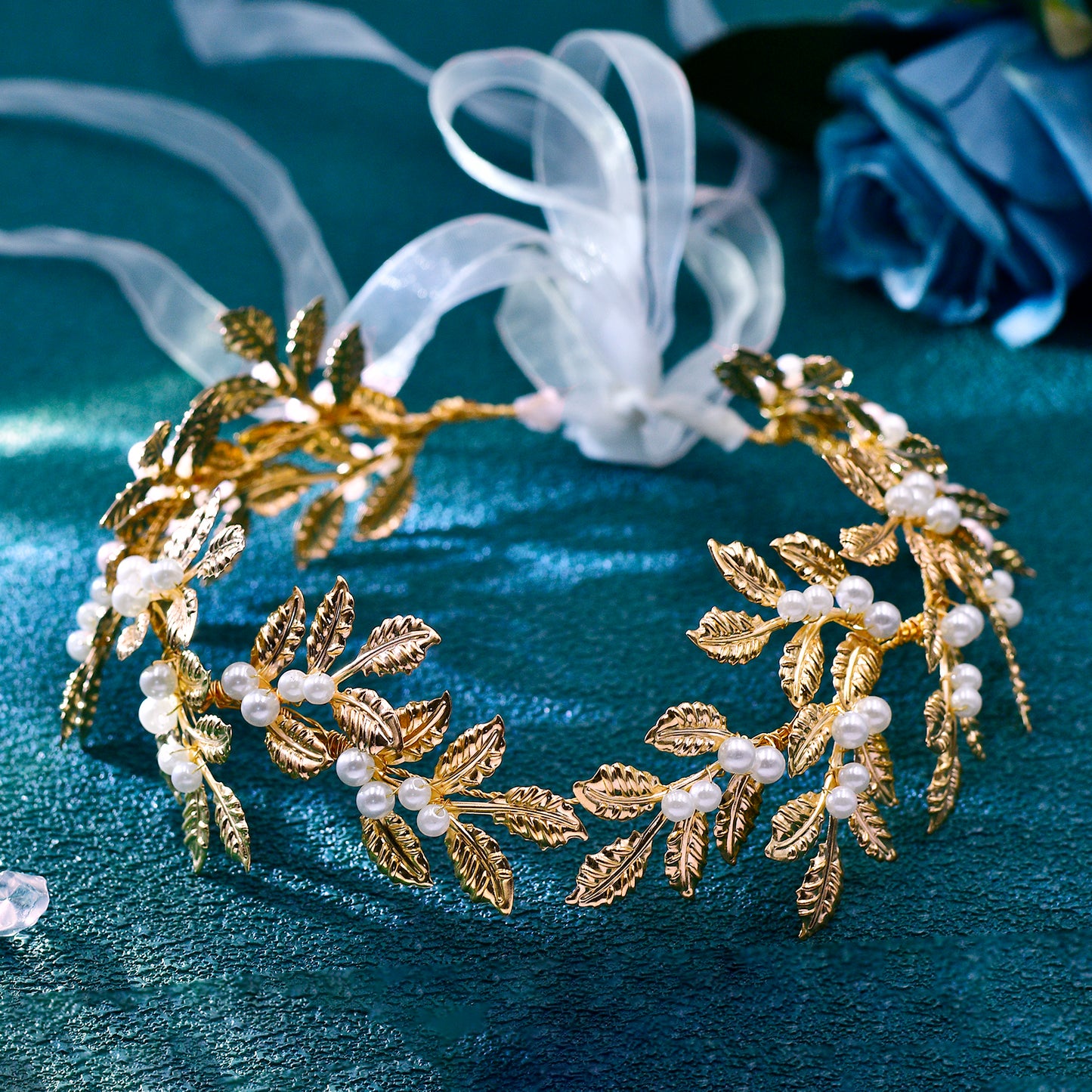 BRIDELLA BHP353 Wedding Bridal Headband Alloy Leaf Pearl Headpiece Multi Colored Handmade Hair Accessories Banquet Party Hairwear