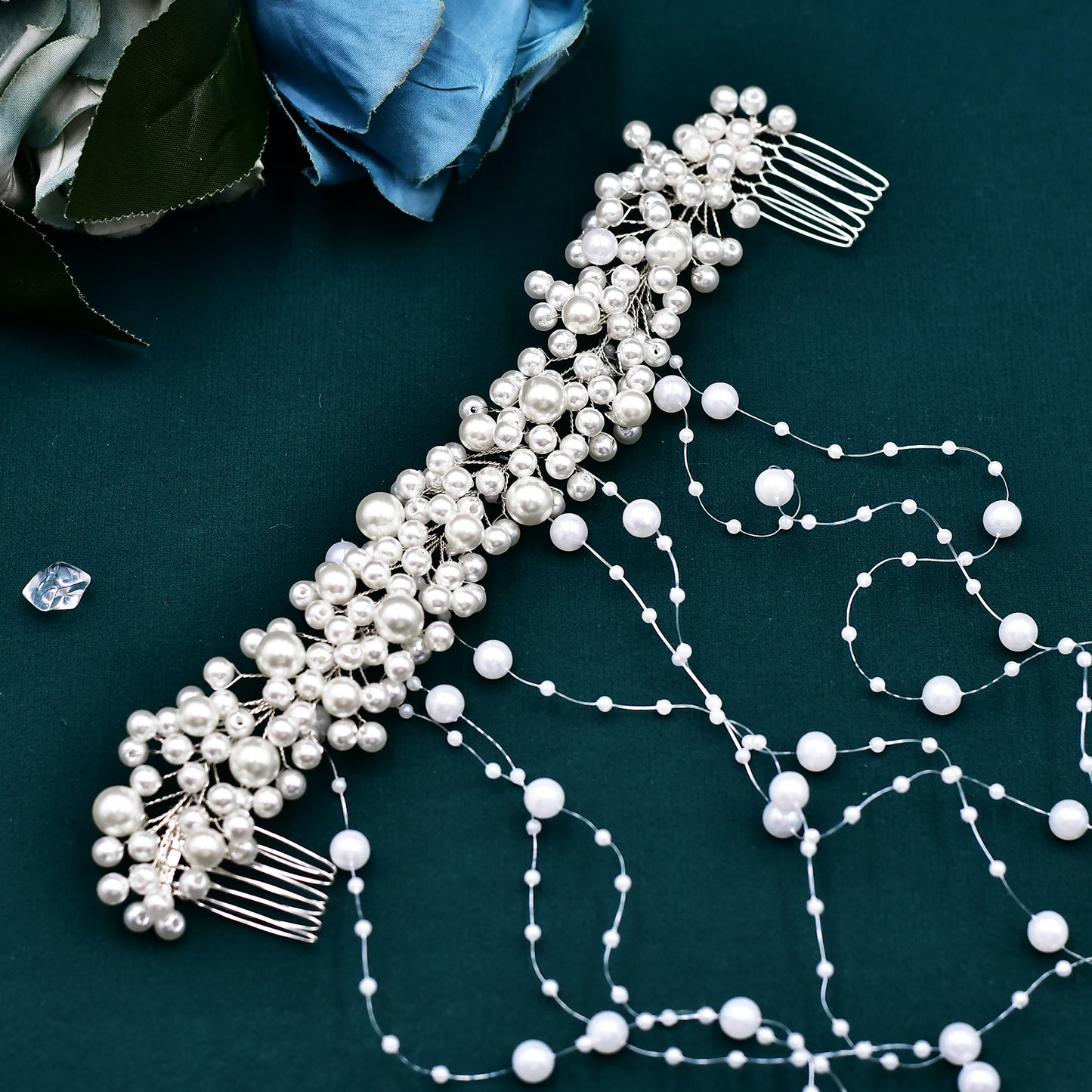 BRIDELLA BHP600 Pearls Tassels Bridal Headband with Combs Wedding Hair Accessories Handmade Woman Girls Headdress for Party
