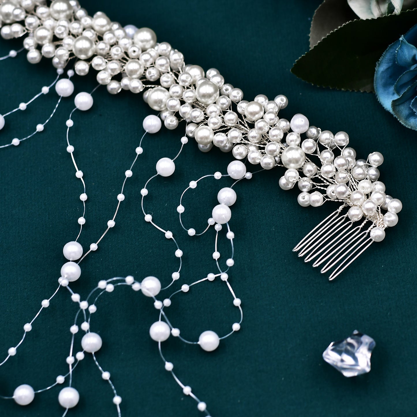 BRIDELLA BHP600 Pearls Tassels Bridal Headband with Combs Wedding Hair Accessories Handmade Woman Girls Headdress for Party
