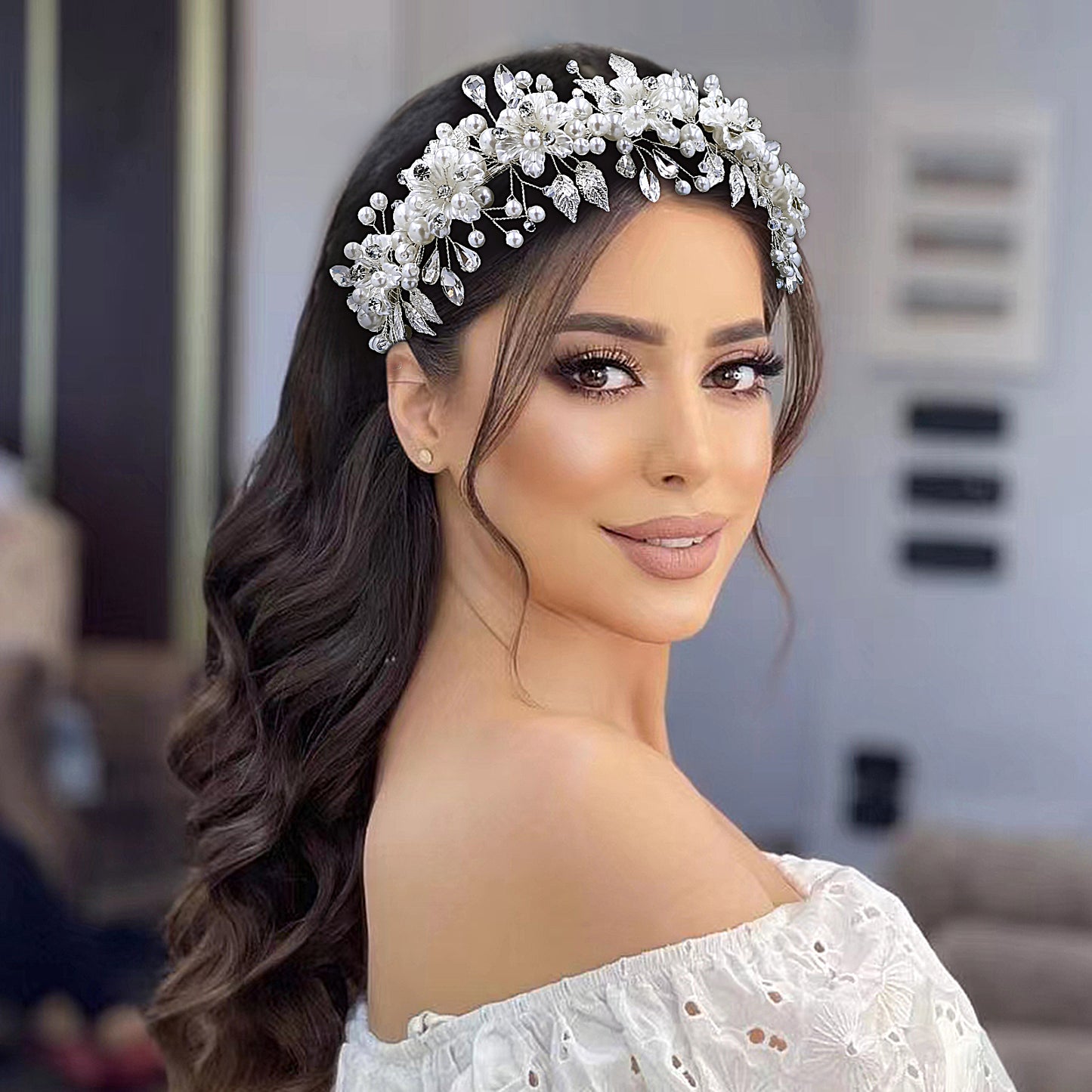 BRIDELLA BHP603 Bridal Wedding Pearl Crystal Headwear Alloy Leaves Hair Hoop Rhinestone Headbands for Women Flower Girl Headpiece
