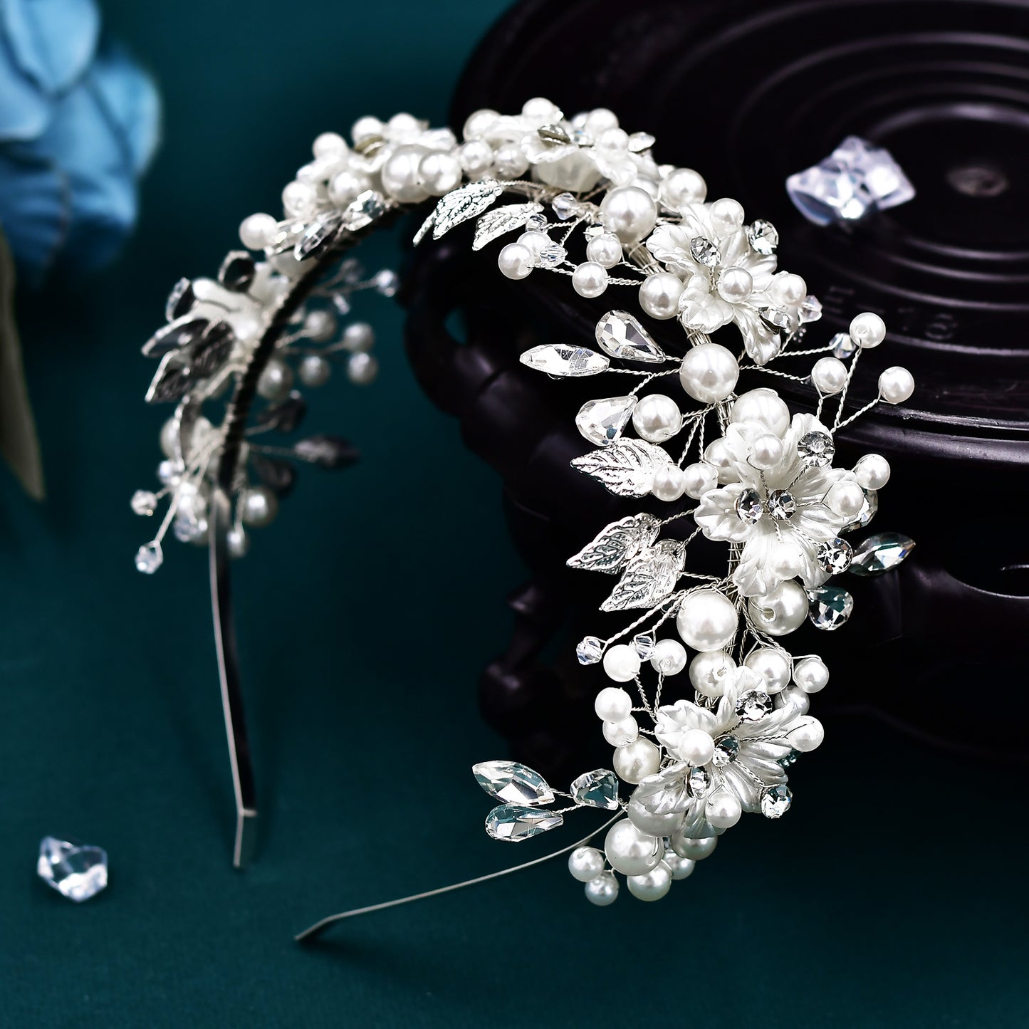 BRIDELLA BHP603 Bridal Wedding Pearl Crystal Headwear Alloy Leaves Hair Hoop Rhinestone Headbands for Women Flower Girl Headpiece