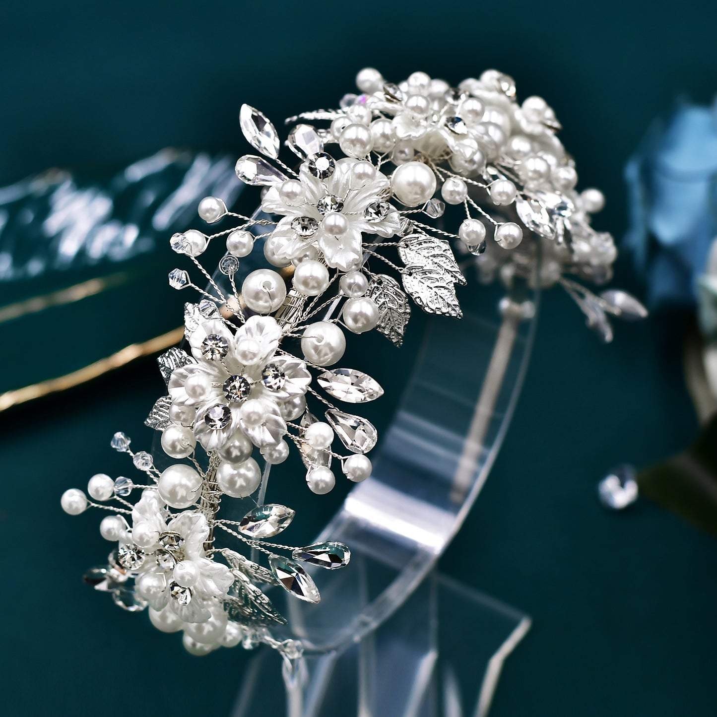 BRIDELLA BHP603 Bridal Wedding Pearl Crystal Headwear Alloy Leaves Hair Hoop Rhinestone Headbands for Women Flower Girl Headpiece