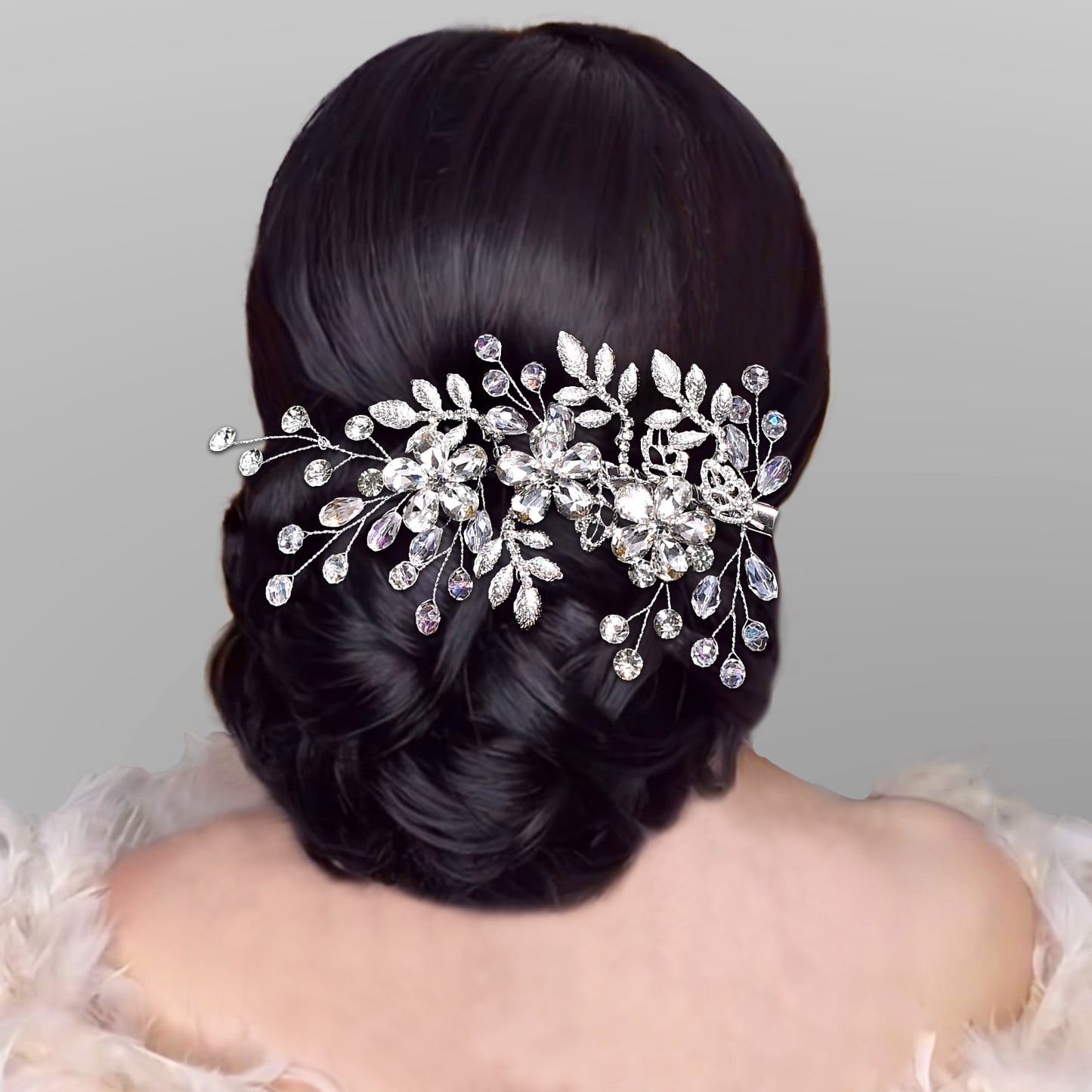 BRIDELLA BHP758 Handmade Rhinestone Flower Bride Duckbill Clip Silver Color Alloy Leaf Wedding Hair Clips Crystal Bride Headdress