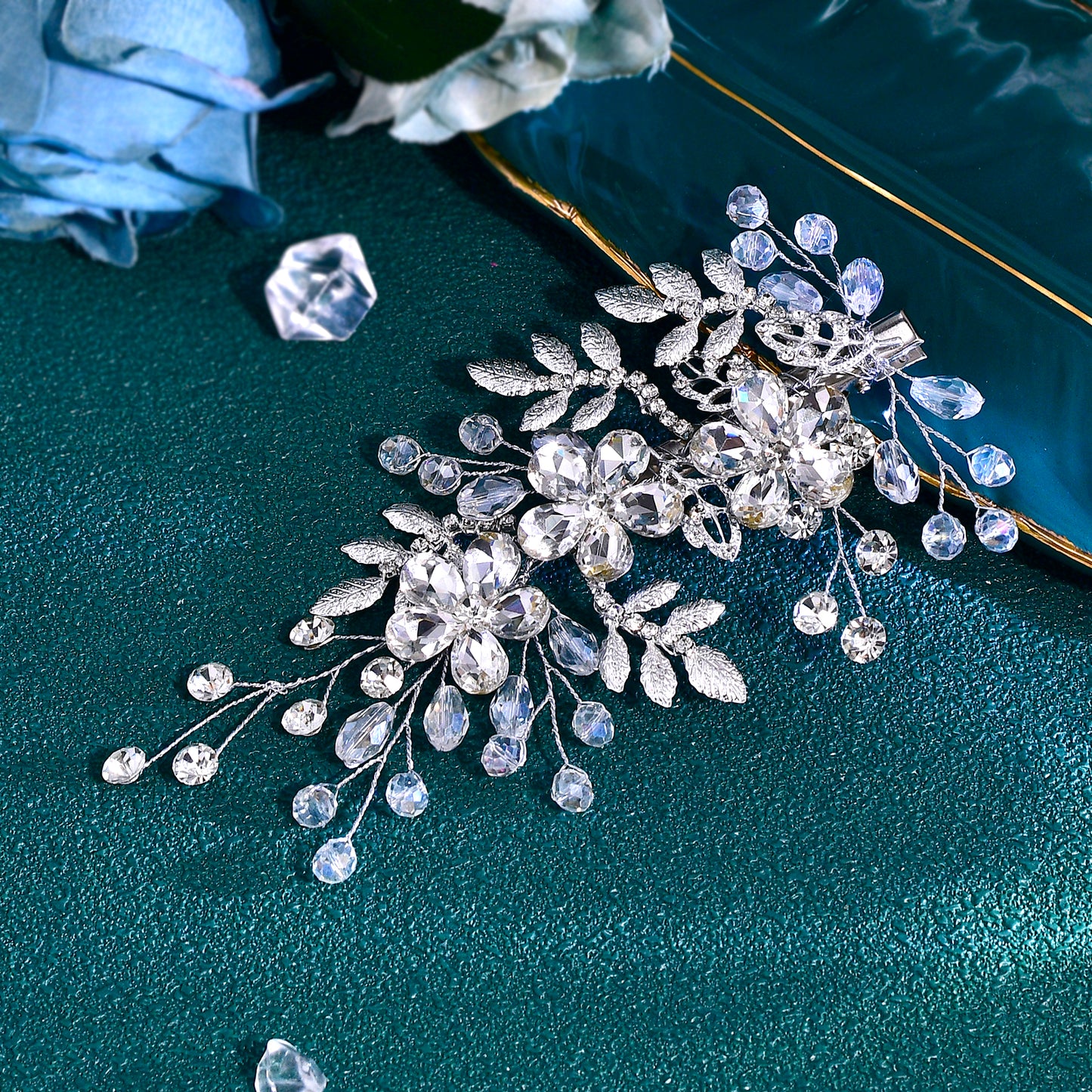 BRIDELLA BHP758 Handmade Rhinestone Flower Bride Duckbill Clip Silver Color Alloy Leaf Wedding Hair Clips Crystal Bride Headdress