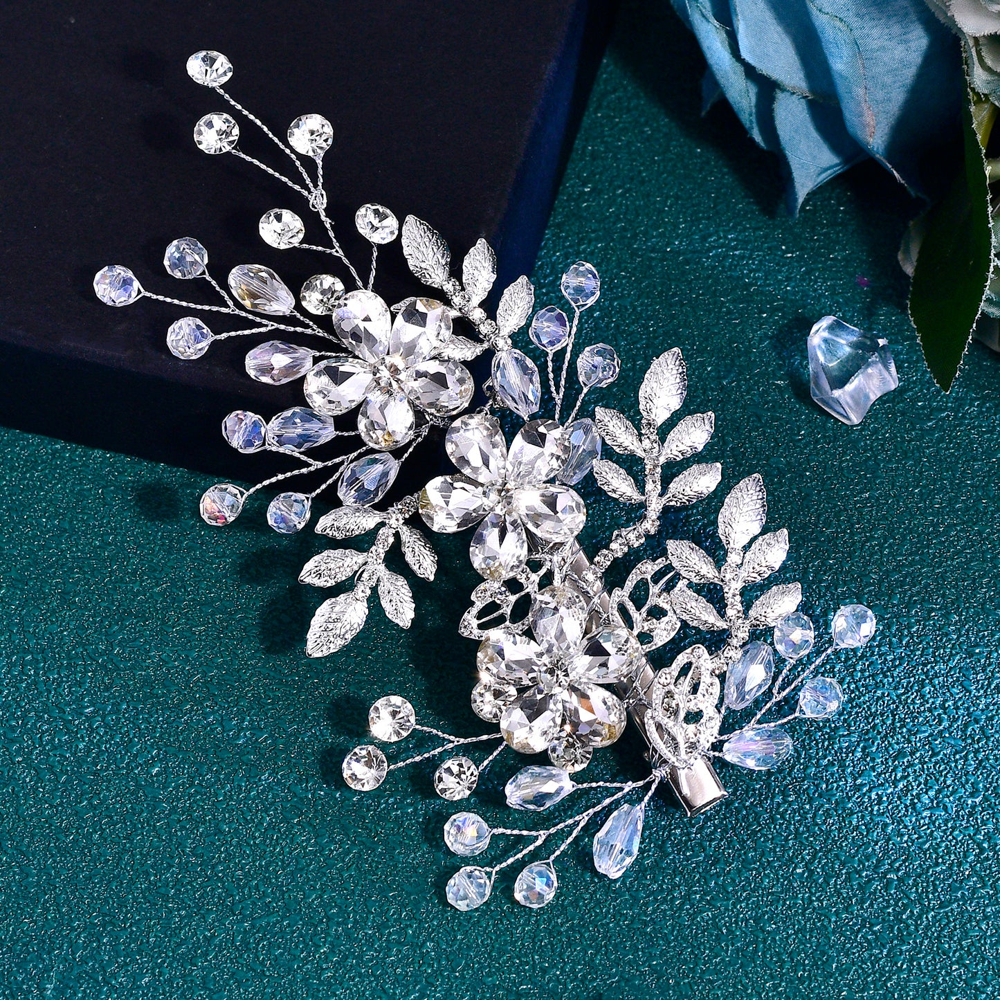 BRIDELLA BHP758 Handmade Rhinestone Flower Bride Duckbill Clip Silver Color Alloy Leaf Wedding Hair Clips Crystal Bride Headdress