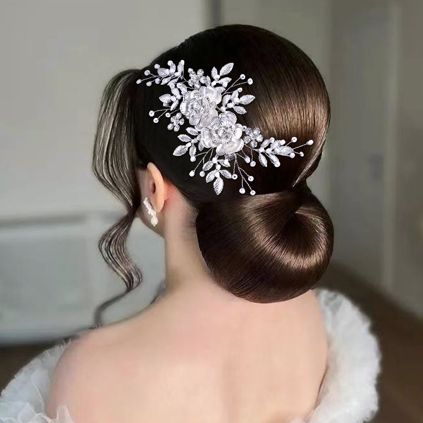 BRIDELLA BHP780 Alloy Flower Bridal Hair Comb Silver Color Leaf Wedding Hair Accessories Bridesmaid Women Handmade Headdress