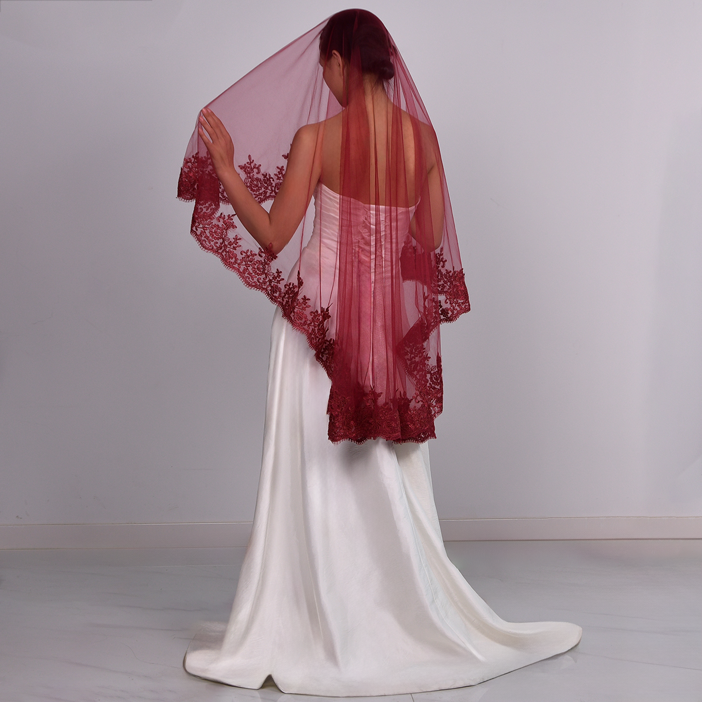 BRIDELLA BM115 Red Wedding Veil For Brides 1 Tier Solf Tulle Lace Edge Blusher Veil Without Comb Accessoires Mariage Cosas Para Boda
