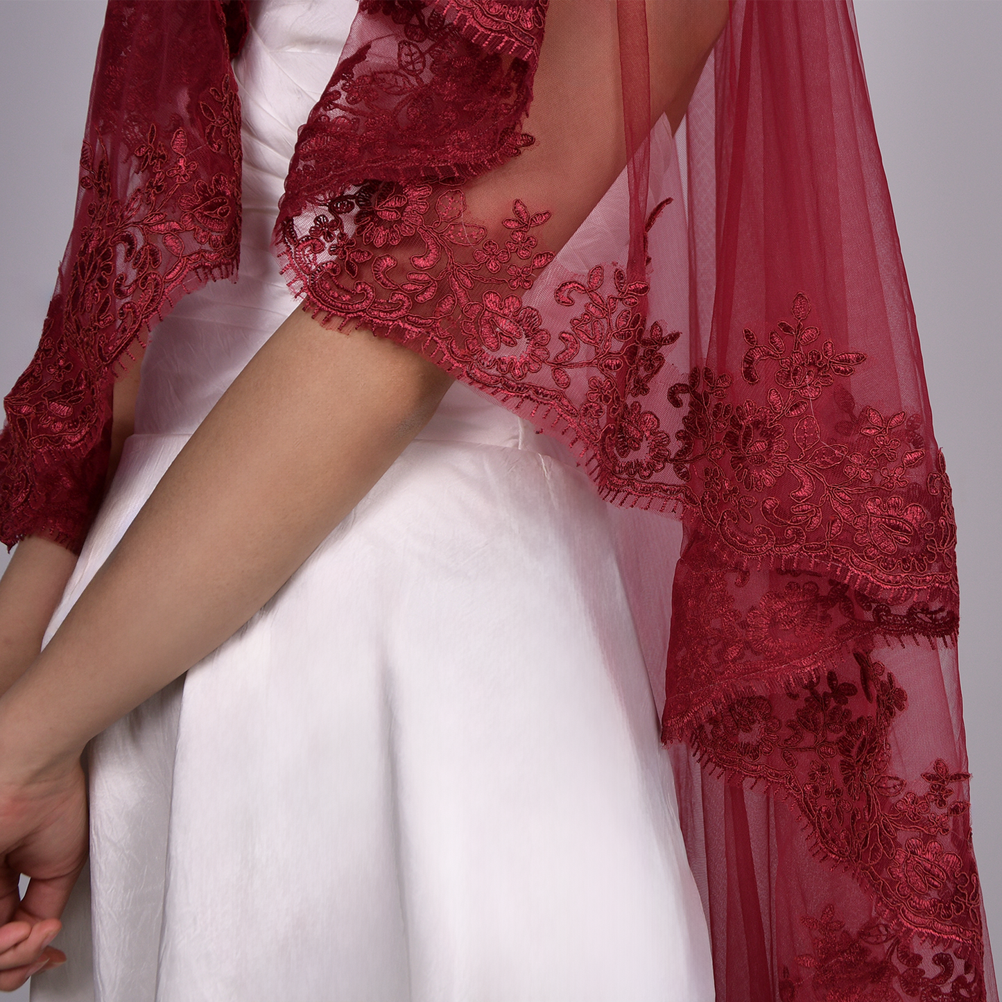 BRIDELLA BM115 Red Wedding Veil For Brides 1 Tier Solf Tulle Lace Edge Blusher Veil Without Comb Accessoires Mariage Cosas Para Boda