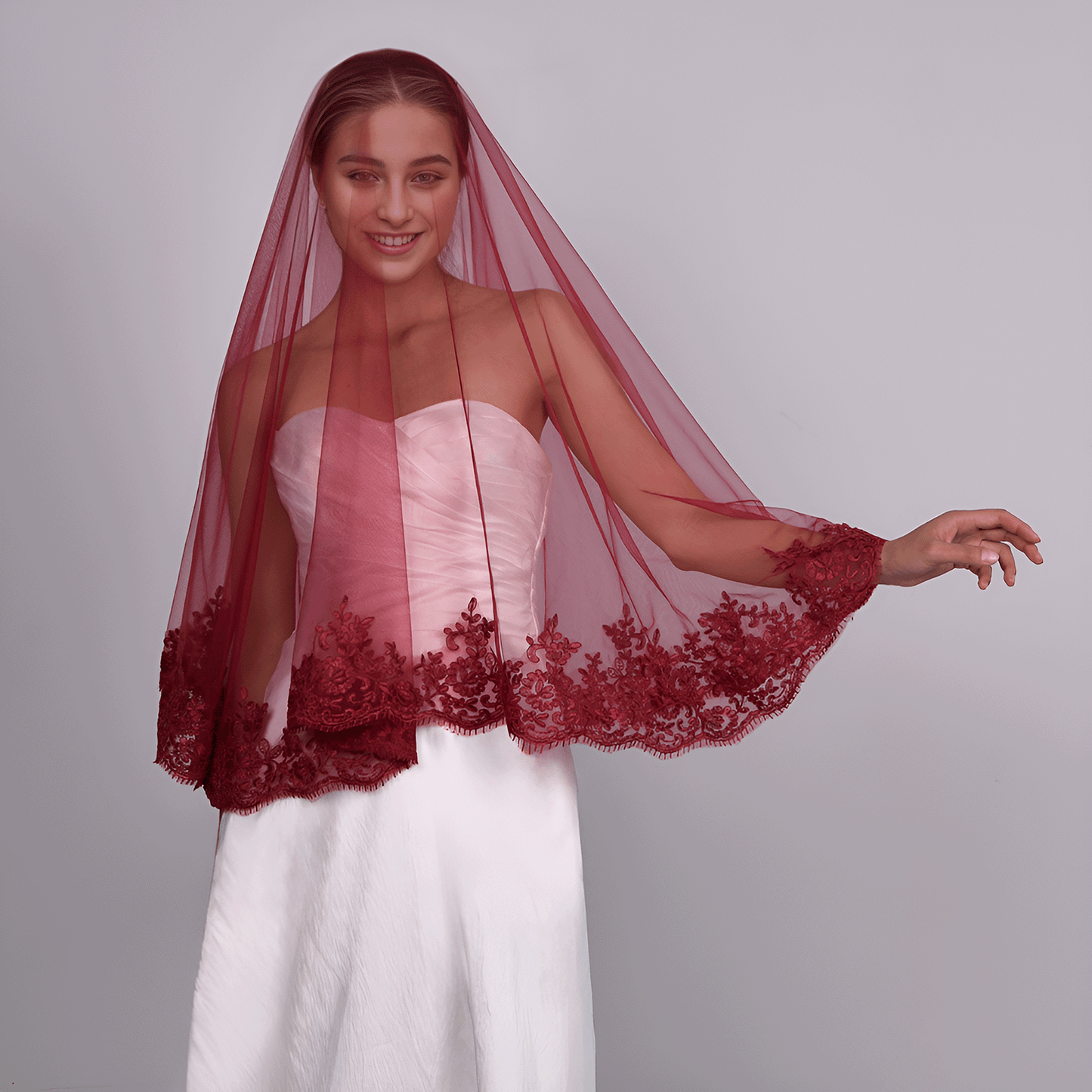 BRIDELLA BM115 Red Wedding Veil For Brides 1 Tier Solf Tulle Lace Edge Blusher Veil Without Comb Accessoires Mariage Cosas Para Boda