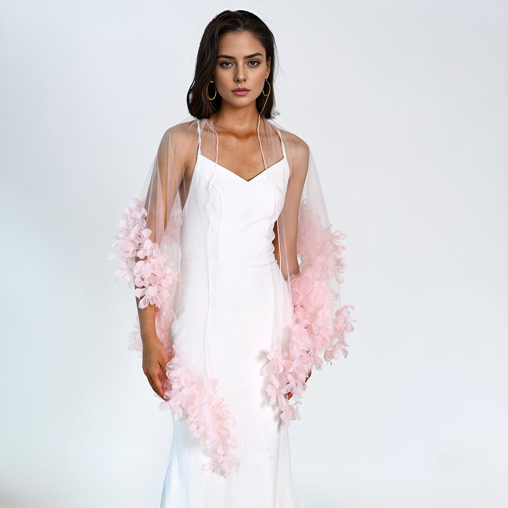 BRIDELLA BMG20 Flowers Edge Wedding Shawl White Tulle Dress Bolero Sleeveless Jacket Bridal Cloak Wedding Accessories