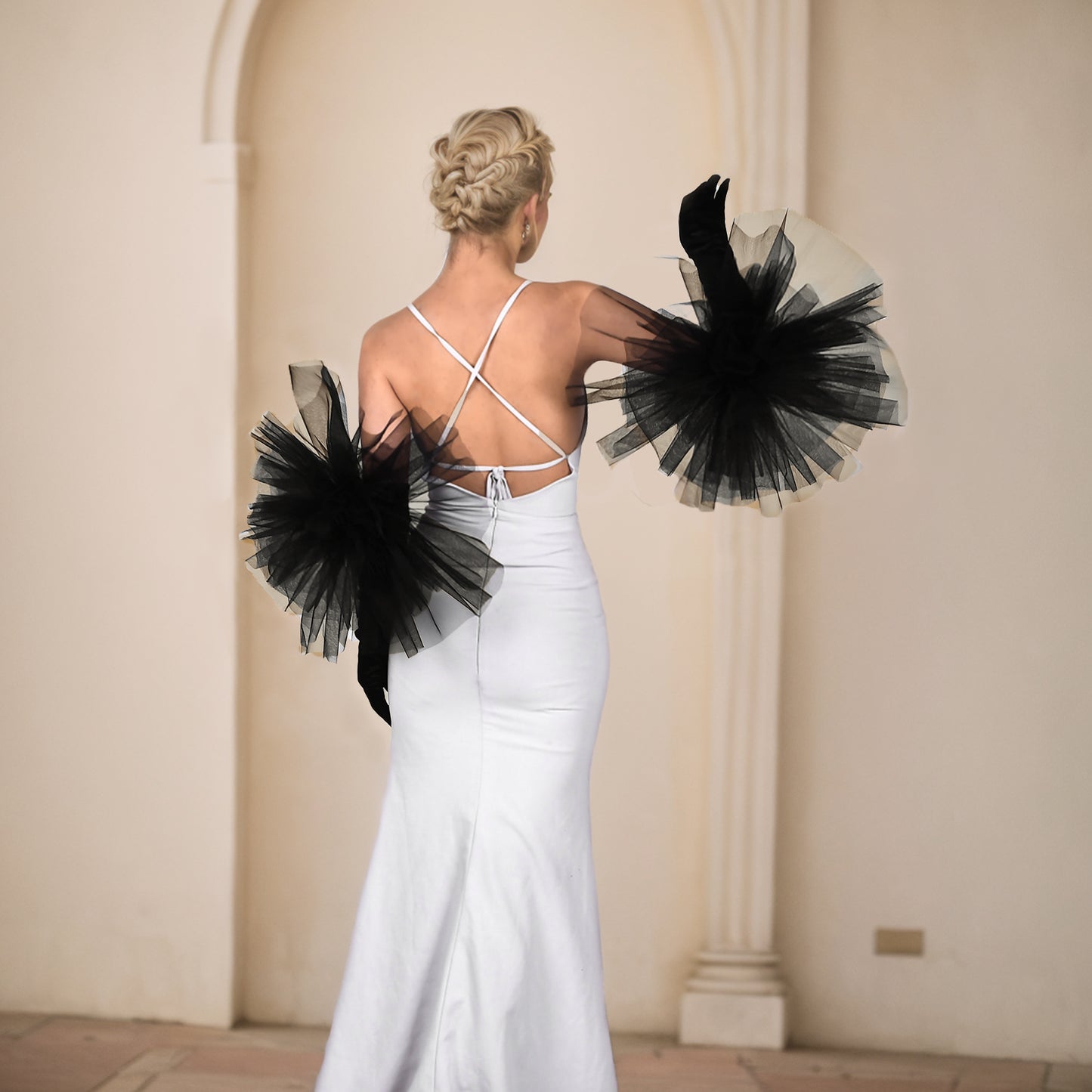 BRIDELLA BMM10 Gothic Black Large Flower Bridal Gloves Wedding Dress Wedding Accessories Stage Performance Props