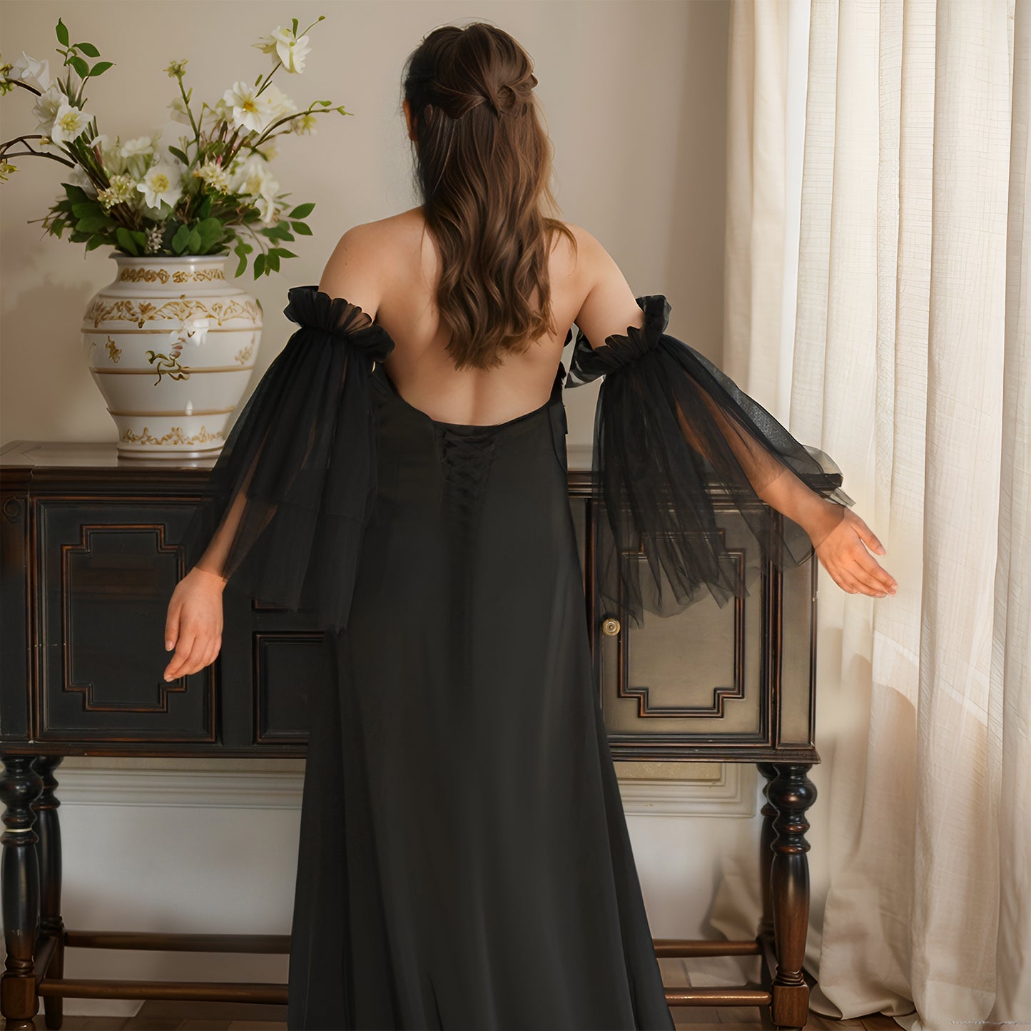 BRIDELLA BMM20 Black Bridal Sleeves Double Tulle Wedding Gloves Short Wedding Accessories Women's Arm Decorations