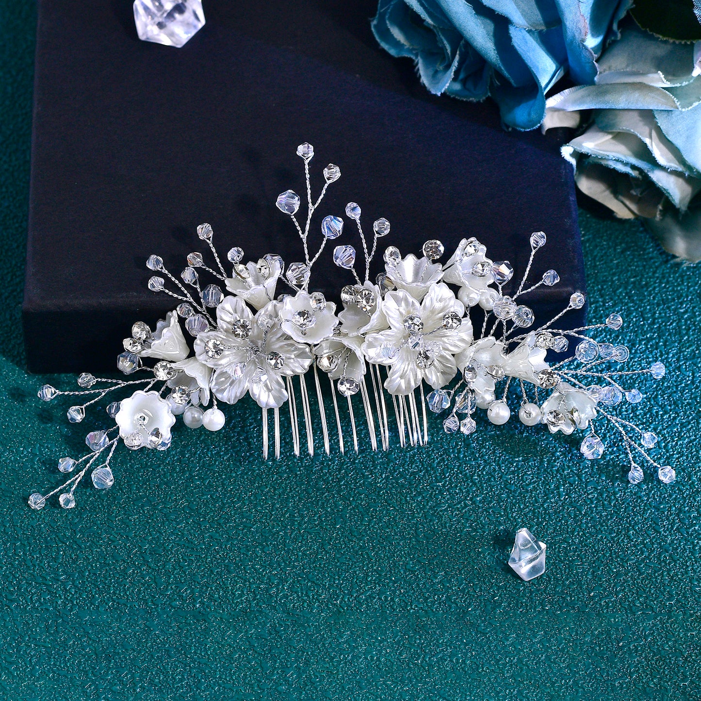 BRIDELLA BHP755 1 HairComb+2 Hairpins Set Handmade Bridal Hair Accessories ResinFlower Hair Comb Pure Handmade Rhinestone Hair Fork