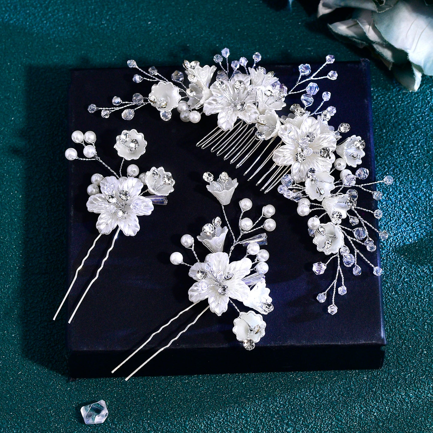 BRIDELLA BHP755 1 HairComb+2 Hairpins Set Handmade Bridal Hair Accessories ResinFlower Hair Comb Pure Handmade Rhinestone Hair Fork