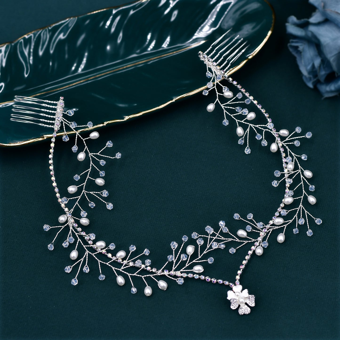 BRIDELLA BHP592 Pearl Wedding Headband with Combs Woman Hair Clip Bride Tiara Headpiece Rhinestone Bridal Headwear Accessories