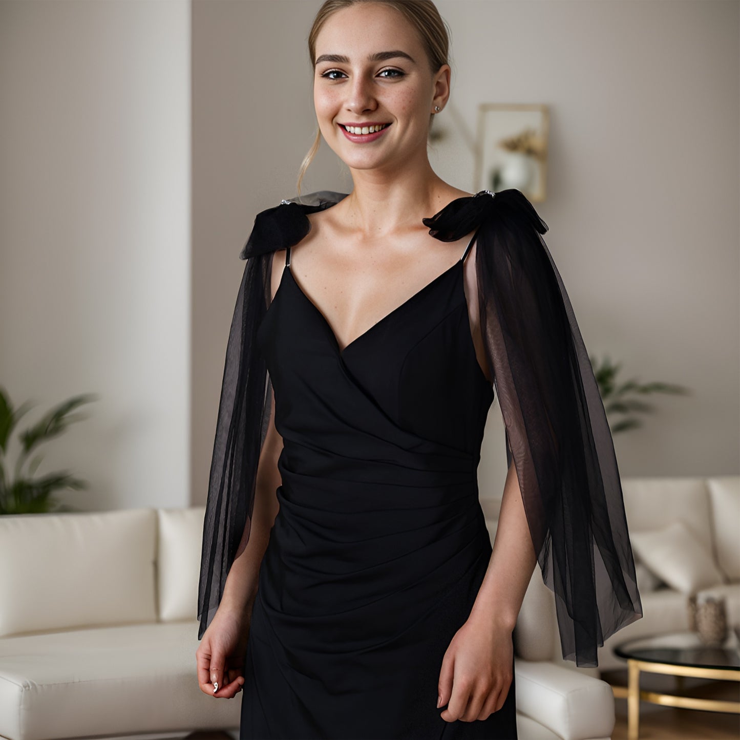 BRIDELLA BVG34 Cute Bowknot Double Shoulder Shawl Women's Dress with Fake Sleeves