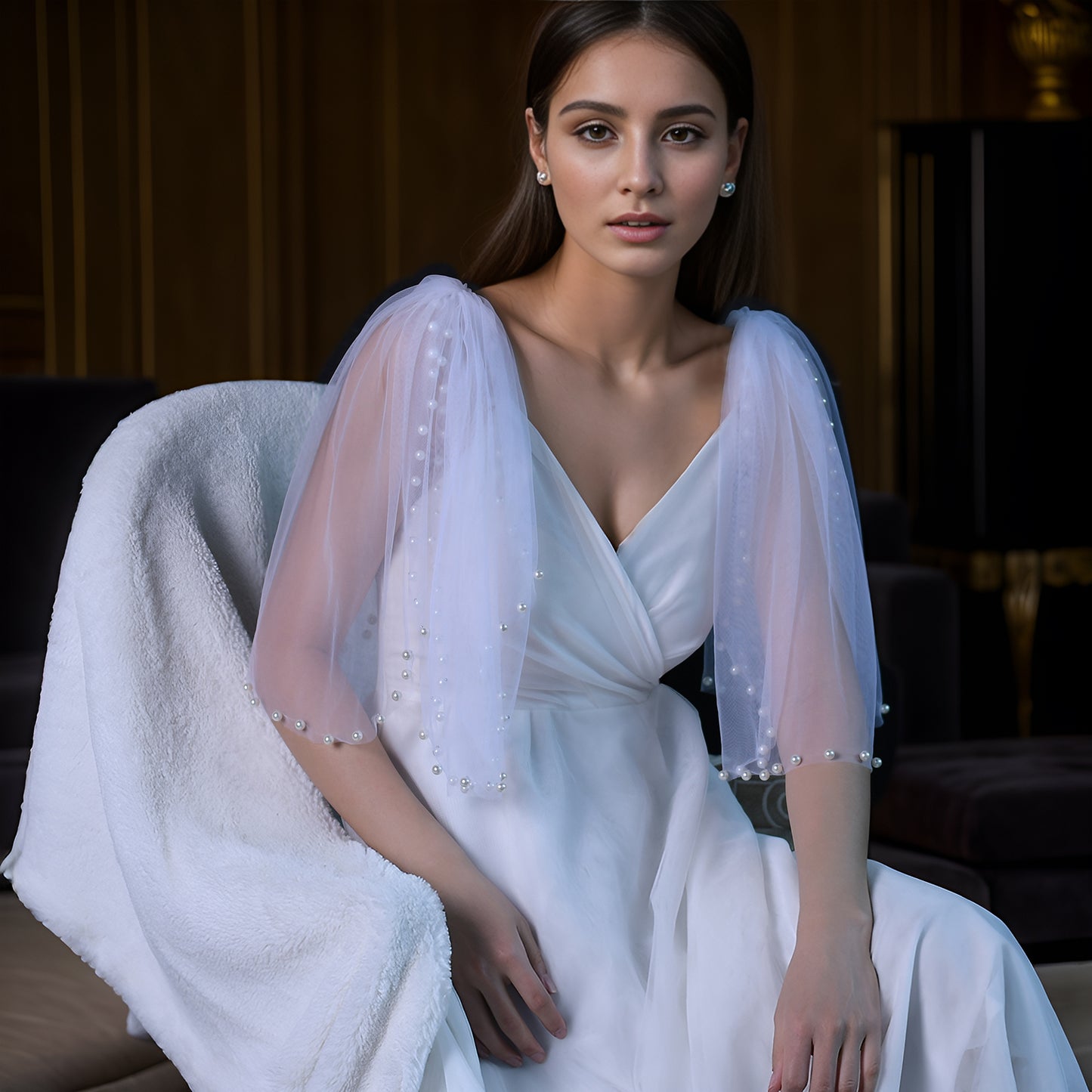 BRIDELLA BVG40A Women's Beaded Double Shoulder Shawl Bridal Wedding Dress With Arm-Covering False Sleeves