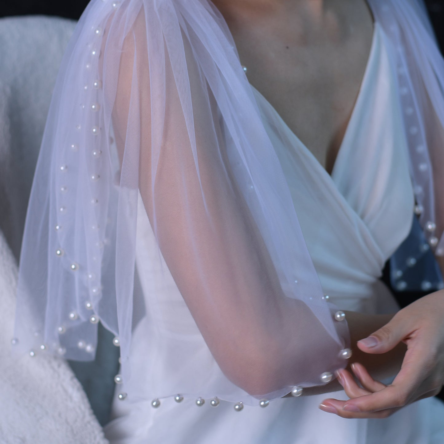 BRIDELLA BVG40A Women's Beaded Double Shoulder Shawl Bridal Wedding Dress With Arm-Covering False Sleeves