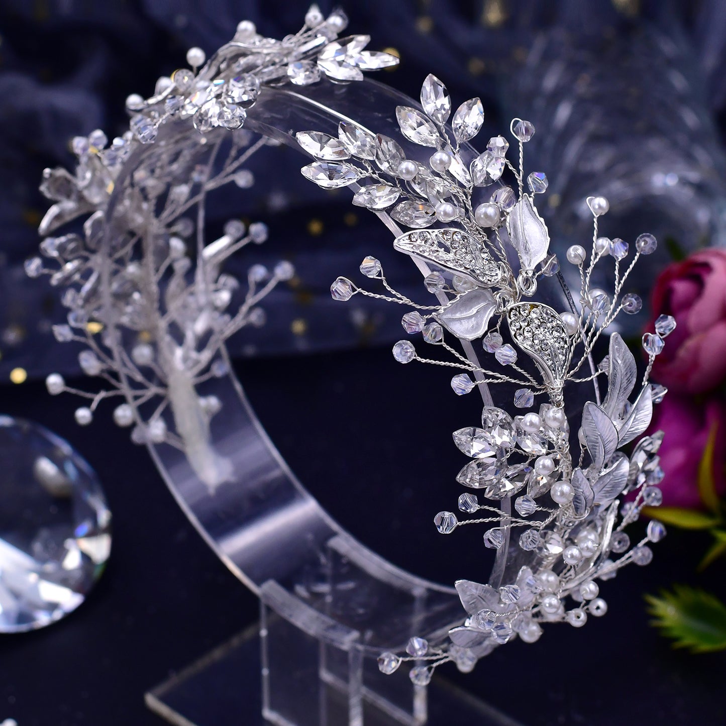 BRIDELLA BHP272 Alloy Leaves Headband Bridal Wedding Rhinestone Headwear Delicate Handmade Beaded Crystal Jewelry Hair Accessory