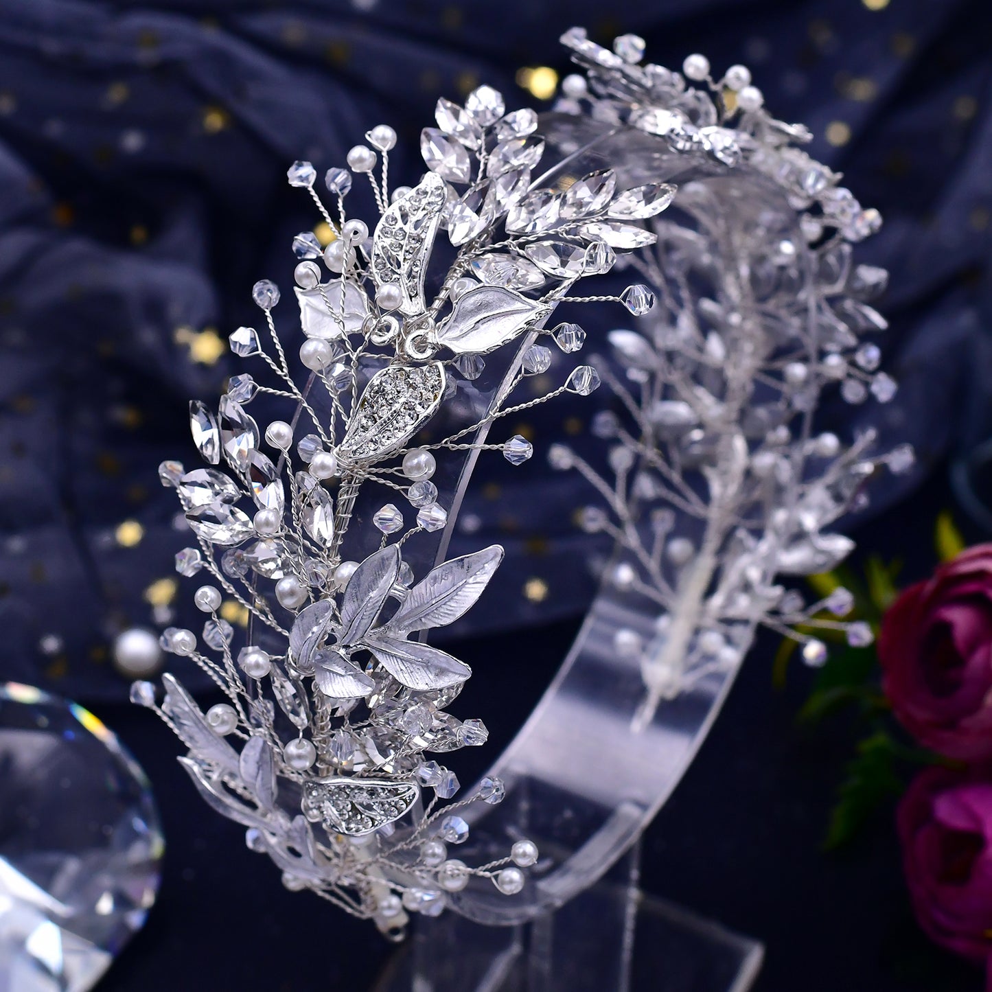 BRIDELLA BHP272 Alloy Leaves Headband Bridal Wedding Rhinestone Headwear Delicate Handmade Beaded Crystal Jewelry Hair Accessory