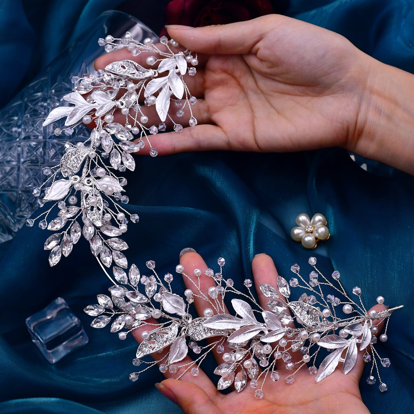 BRIDELLA BHP272 Alloy Leaves Headband Bridal Wedding Rhinestone Headwear Delicate Handmade Beaded Crystal Jewelry Hair Accessory
