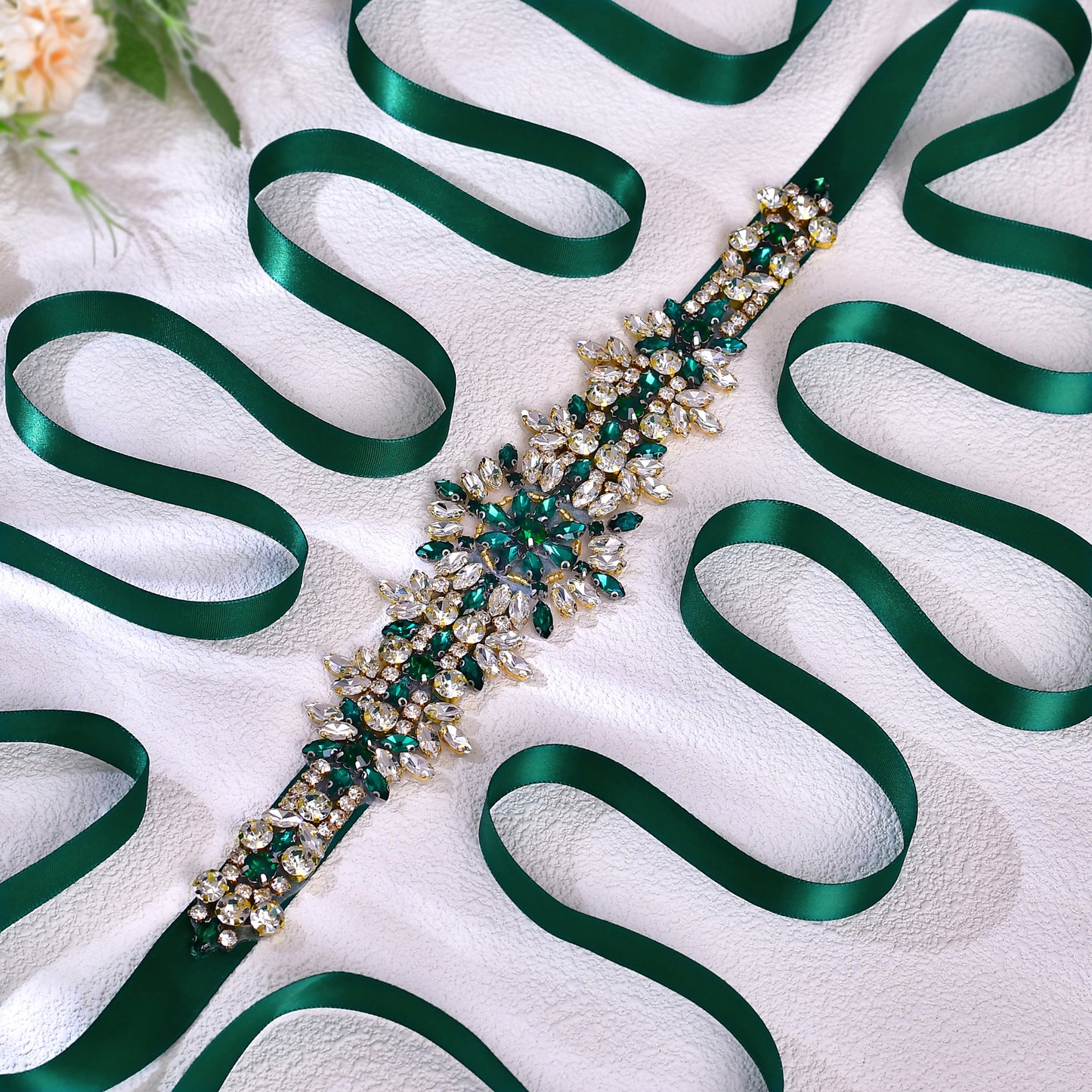 BRIDELLA BS319KL Elegant Bridal Rhinestone Belt New Green Rhinestone Handmade Jewelry