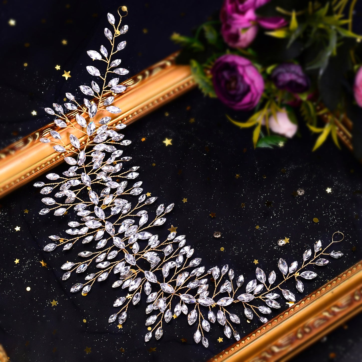 BRIDELLA BHP237 Golden Handmade Crystal Rhinestones Silver Golden Wedding Headband Headpiece Jewelled Headband Wedding Hair Jewelry