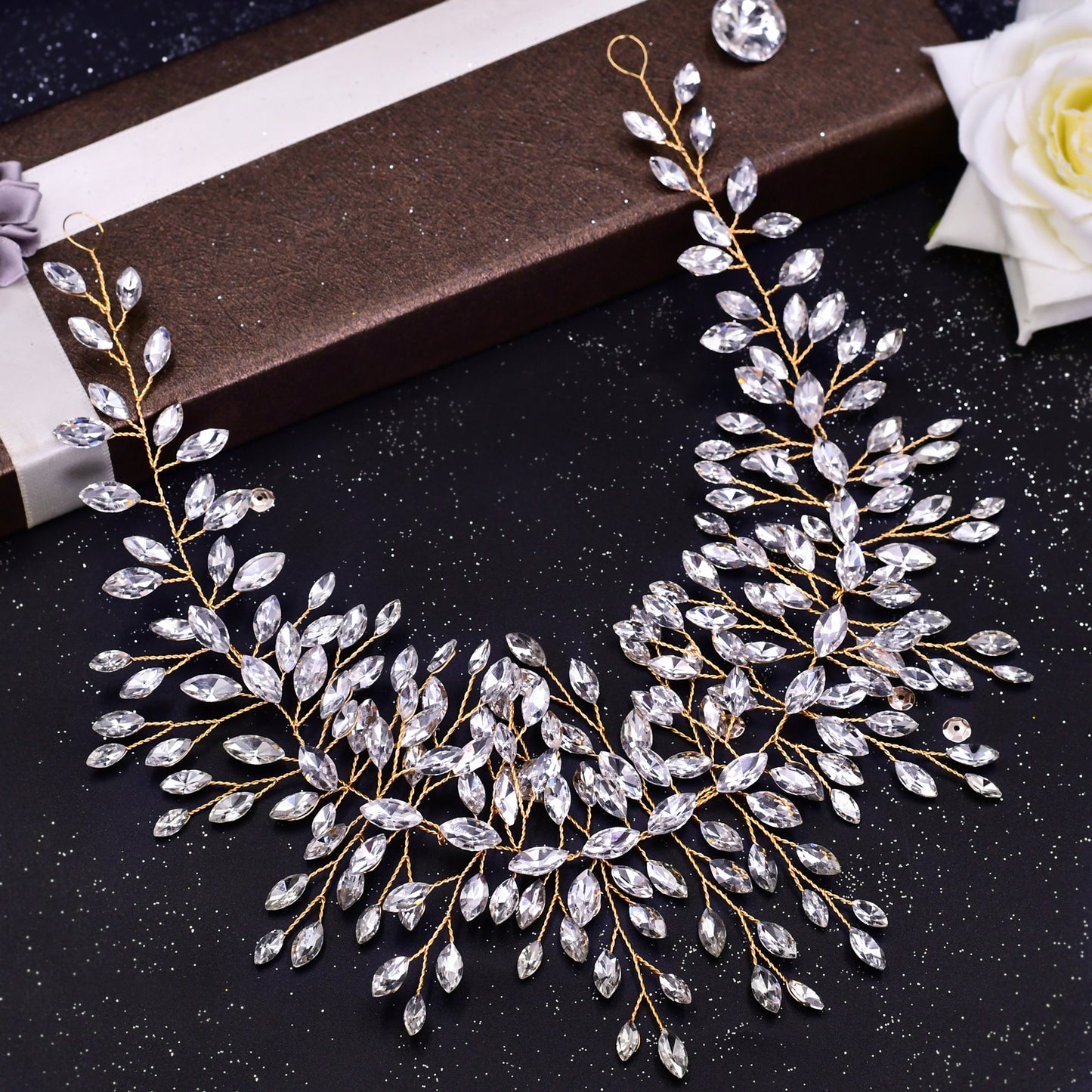 BRIDELLA BHP237 Golden Handmade Crystal Rhinestones Silver Golden Wedding Headband Headpiece Jewelled Headband Wedding Hair Jewelry
