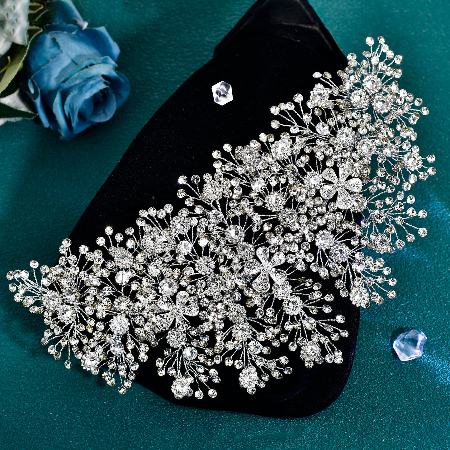 BRIDELLA BHP240 Silver Full Diamond Wide Headband Golden Luxurious Queen Handmade Diamond Wedding Hair Accessory AB-Colorful Bridal Headpiece