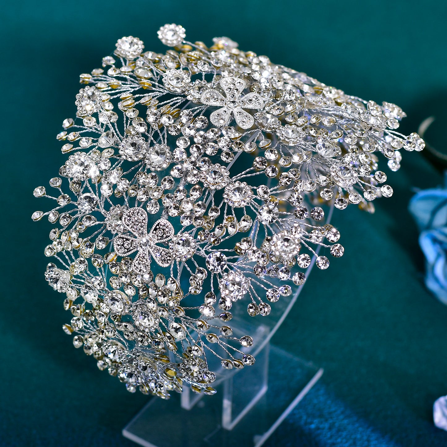 BRIDELLA BHP240 Silver Full Diamond Wide Headband Golden Luxurious Queen Handmade Diamond Wedding Hair Accessory AB-Colorful Bridal Headpiece