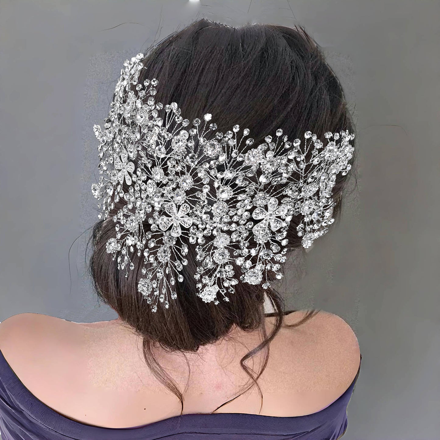 BRIDELLA BHP240 Silver Full Diamond Wide Headband Golden Luxurious Queen Handmade Diamond Wedding Hair Accessory AB-Colorful Bridal Headpiece