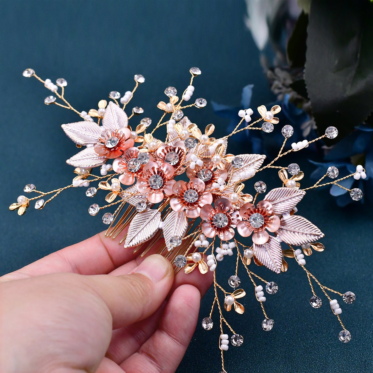 BRIDELLA BHP358 Alloy Flowers Bridal Hair Comb Rhinestones Headwear Bridesmaid Hair Clips Leaf Bridal Hair Accessories Headdress