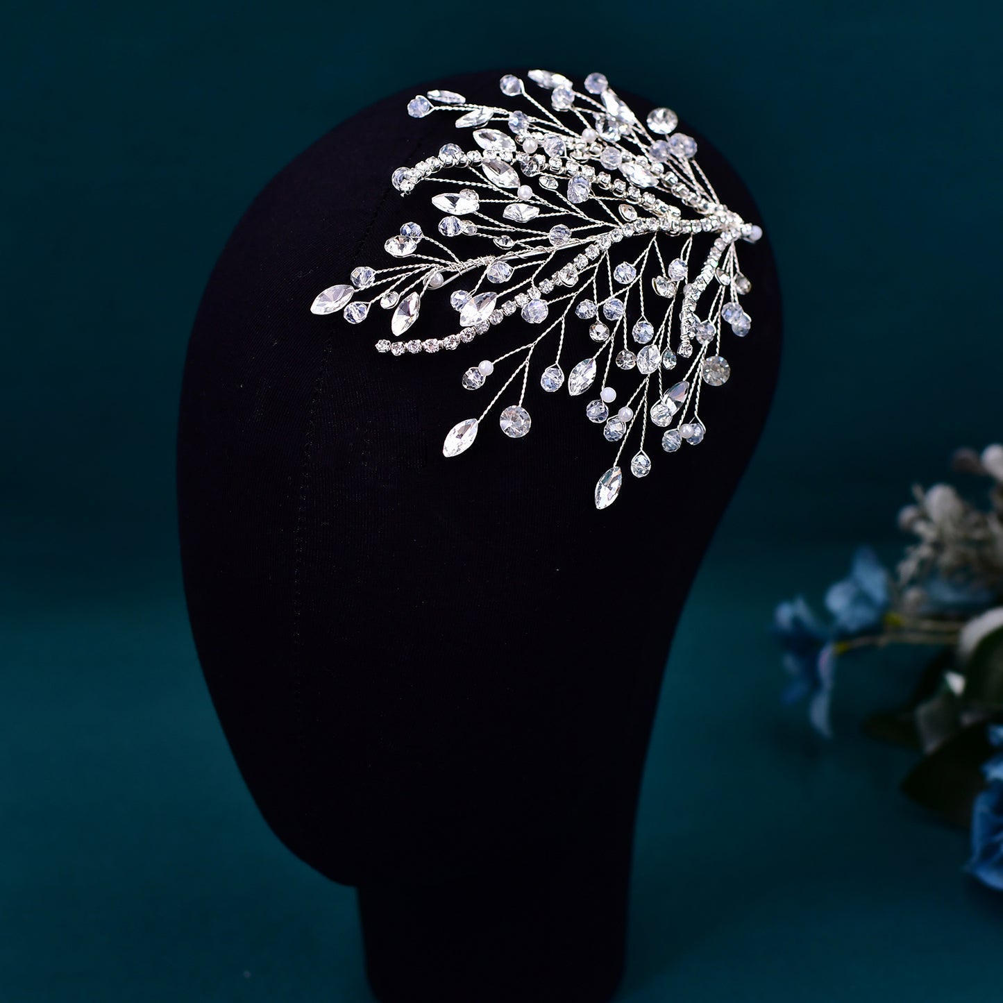 BRIDELLA BHP587 Beaded Headpiece Bridal Wedding Hair Accessories Handmade Rhinestone Leaves Shape Headwear Crystal Head Jewelry
