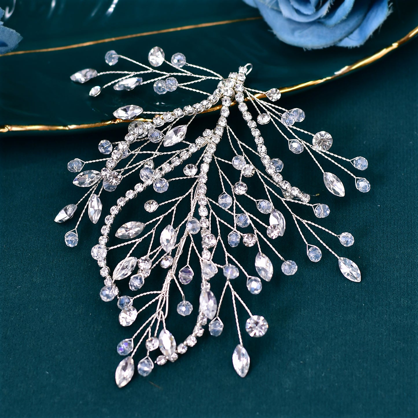 BRIDELLA BHP587 Beaded Headpiece Bridal Wedding Hair Accessories Handmade Rhinestone Leaves Shape Headwear Crystal Head Jewelry