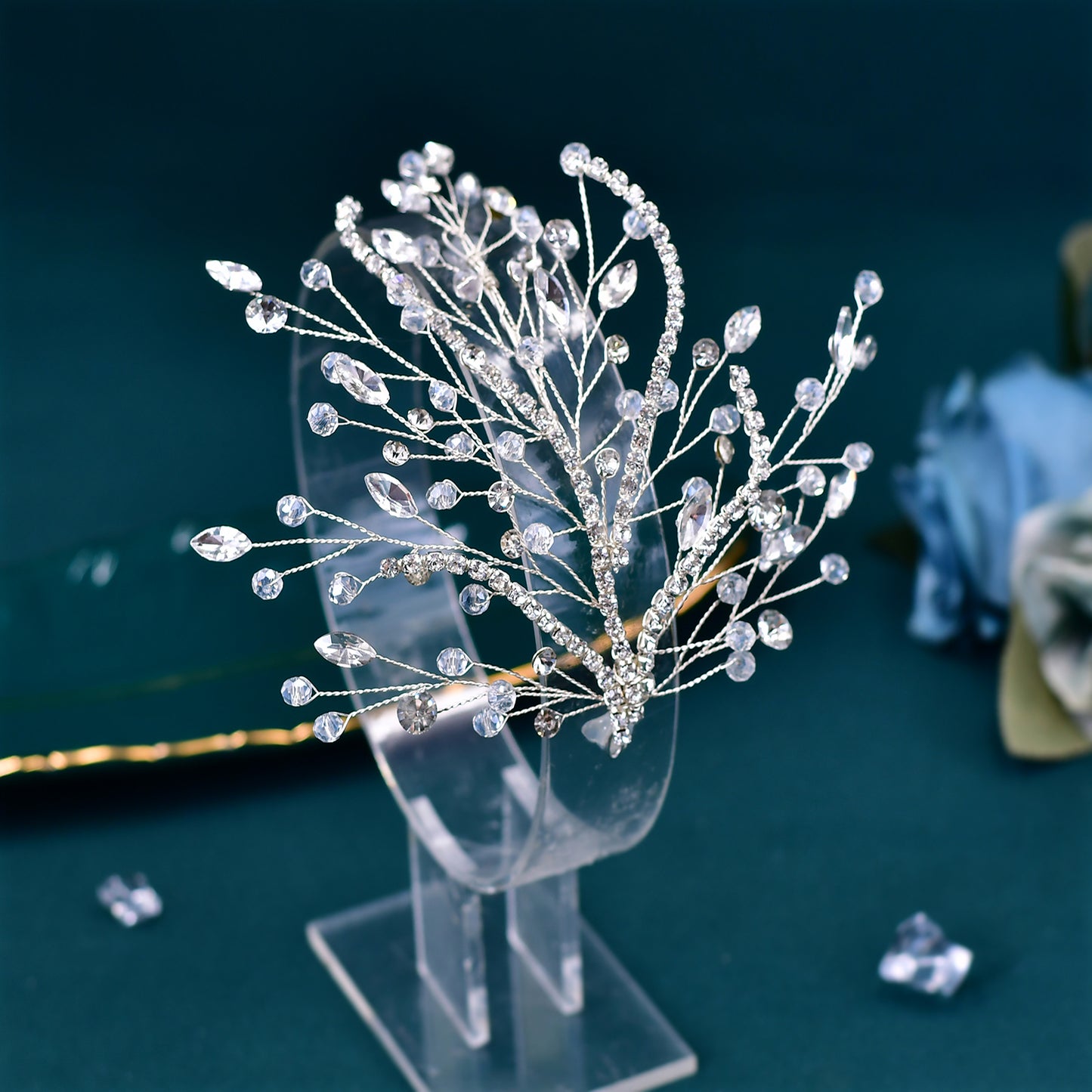 BRIDELLA BHP587 Beaded Headpiece Bridal Wedding Hair Accessories Handmade Rhinestone Leaves Shape Headwear Crystal Head Jewelry