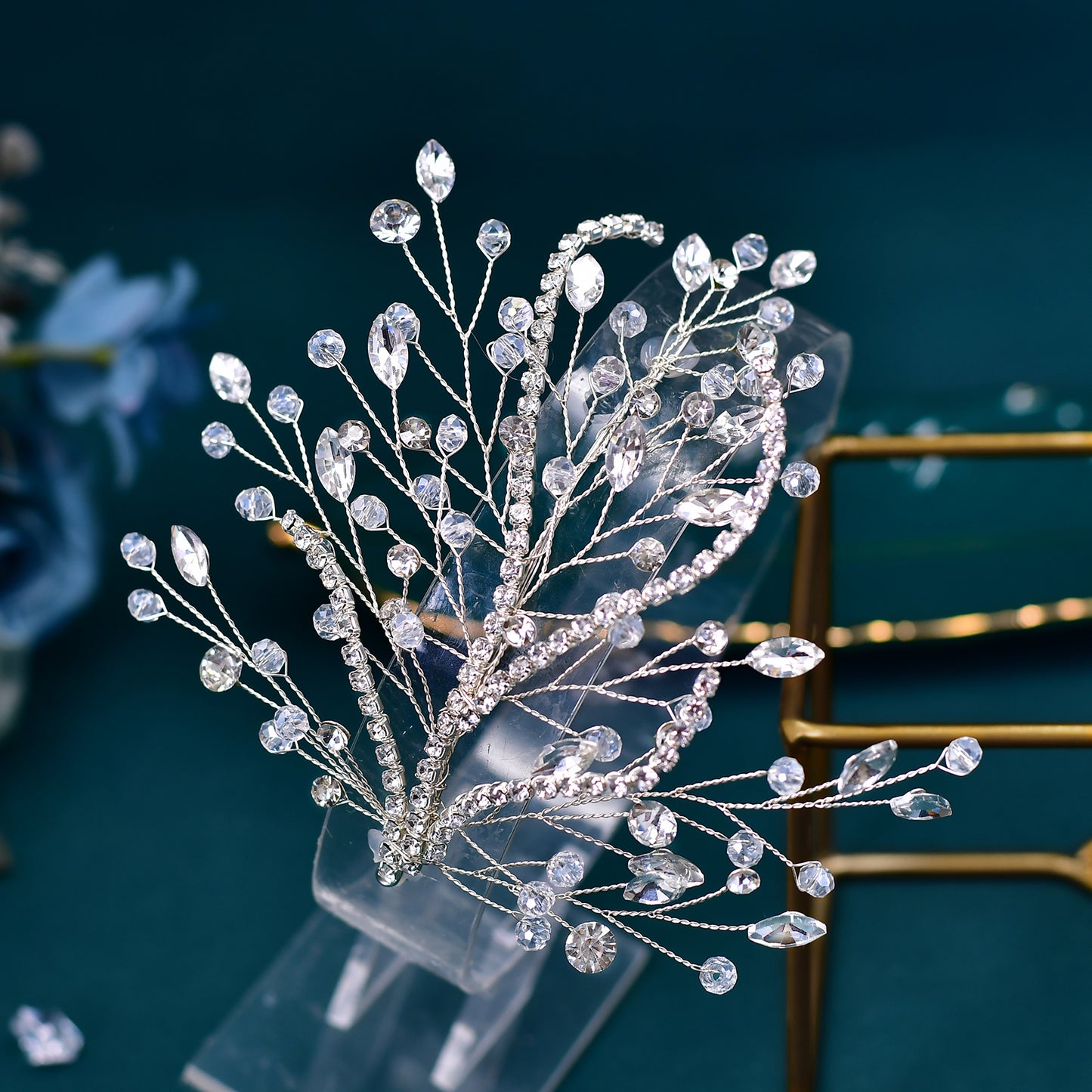 BRIDELLA BHP587 Beaded Headpiece Bridal Wedding Hair Accessories Handmade Rhinestone Leaves Shape Headwear Crystal Head Jewelry