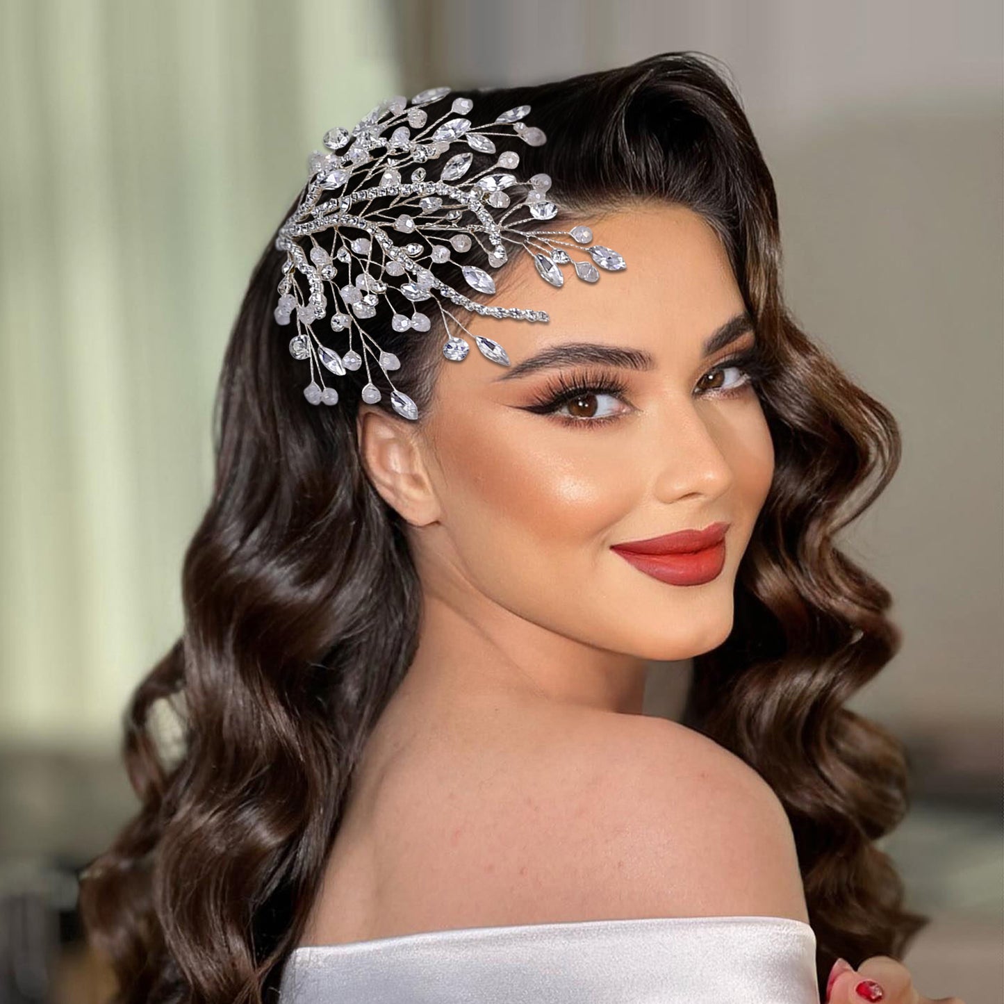 BRIDELLA BHP587 Beaded Headpiece Bridal Wedding Hair Accessories Handmade Rhinestone Leaves Shape Headwear Crystal Head Jewelry