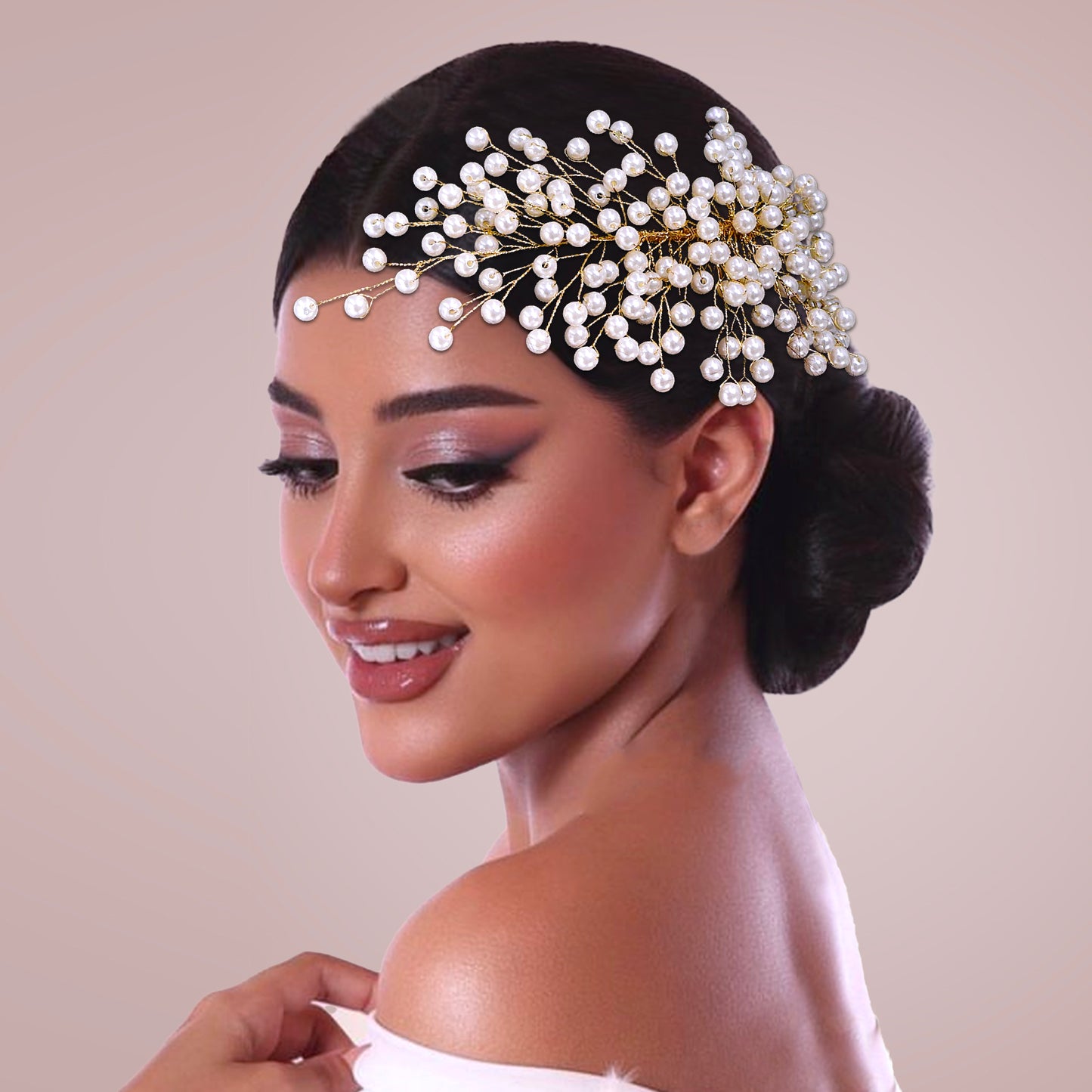 BRIDELLA BHP754 Bride Golden Color Headband Pearl Wedding Hair Accessories Women Headpieces Handmade Banquet Party Headdress