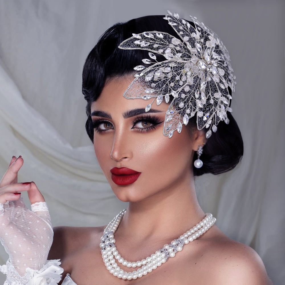 BRIDELLA BHP217 Vintage Hairwear Wedding Hair Jewelry Bridal Crown Silver Rhinestone Wedding Tiara Feather Wedding Headpieces