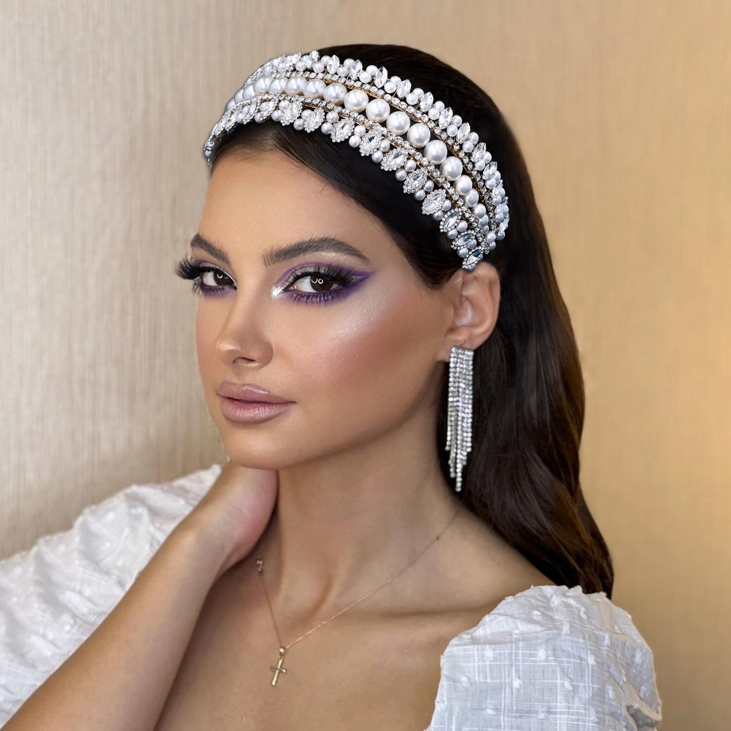 BRIDELLA BHP631 Bridal Headband with Pearls Rhinestone Woman Wedding Beaded Hair Accessories Luxury Gemstone Bridesmaid Headwear