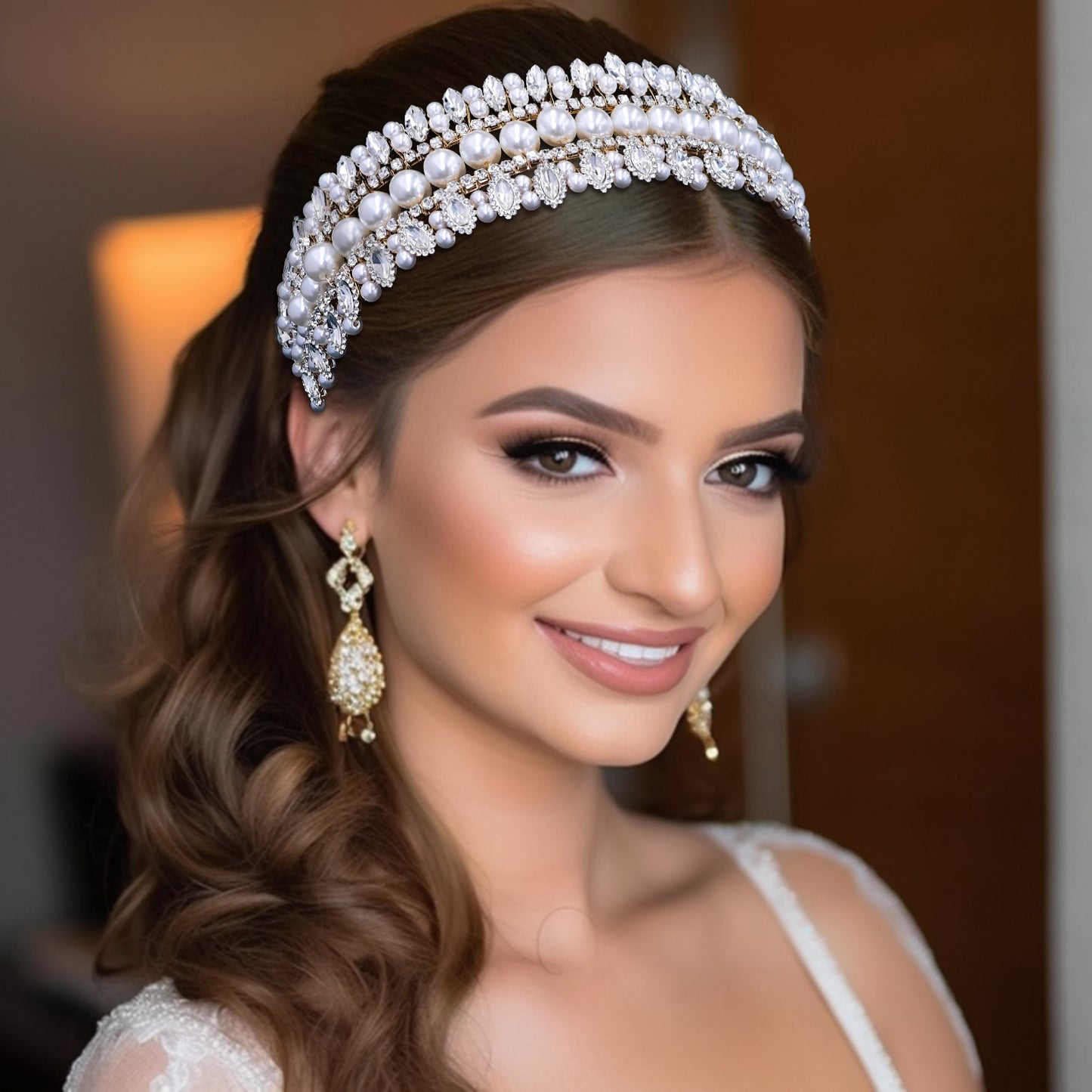 BRIDELLA BHP631 Bridal Headband with Pearls Rhinestone Woman Wedding Beaded Hair Accessories Luxury Gemstone Bridesmaid Headwear