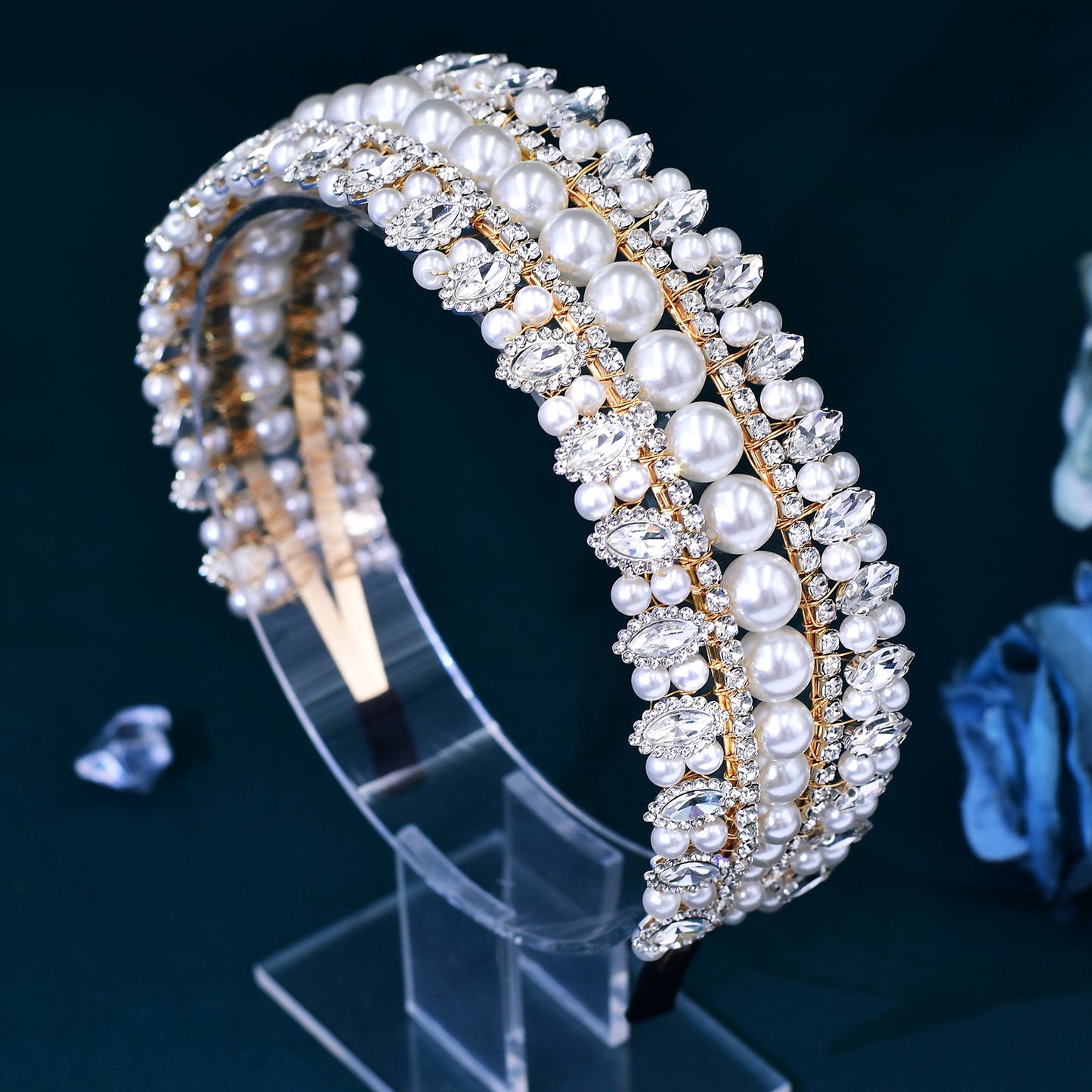 BRIDELLA BHP631 Bridal Headband with Pearls Rhinestone Woman Wedding Beaded Hair Accessories Luxury Gemstone Bridesmaid Headwear