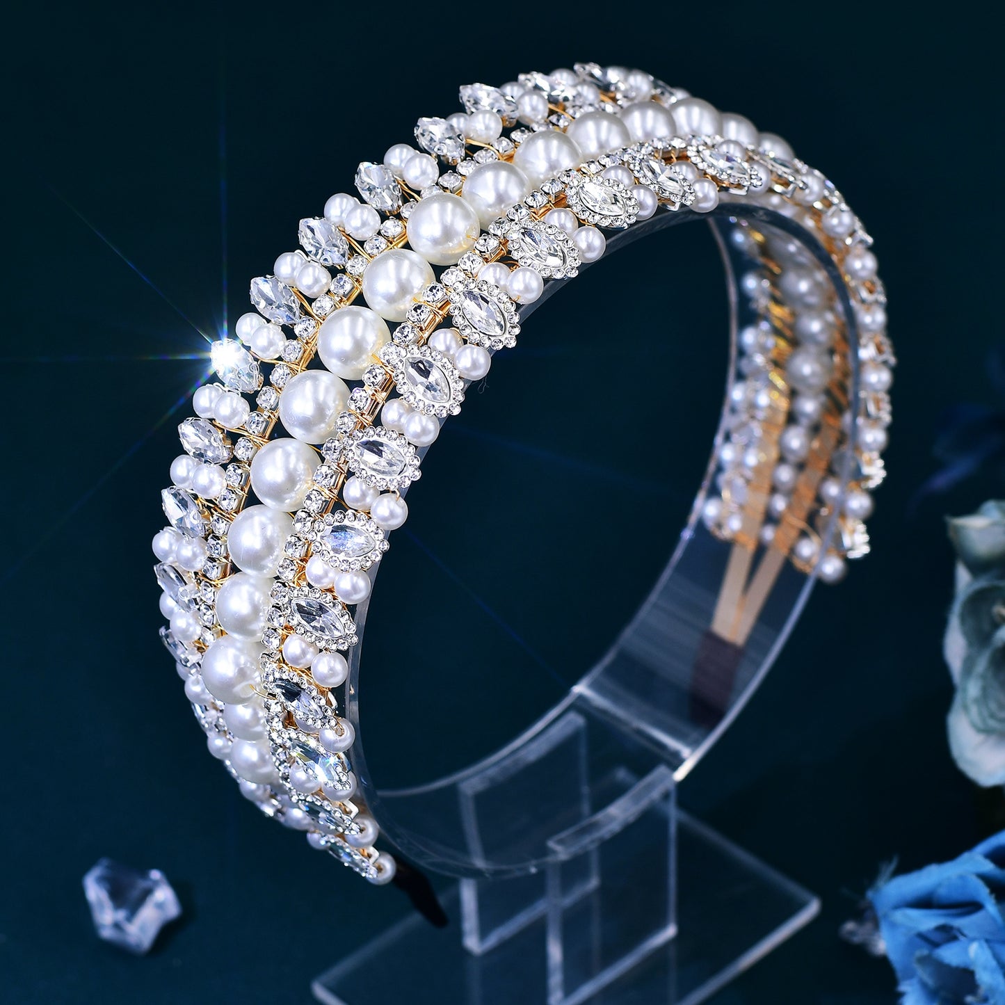 BRIDELLA BHP631 Bridal Headband with Pearls Rhinestone Woman Wedding Beaded Hair Accessories Luxury Gemstone Bridesmaid Headwear